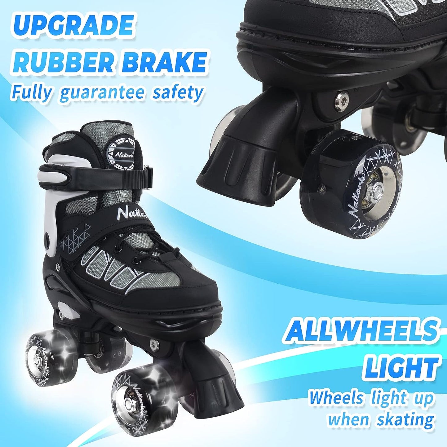 Nattork Adjustable Roller Skates for Kids - Black & white