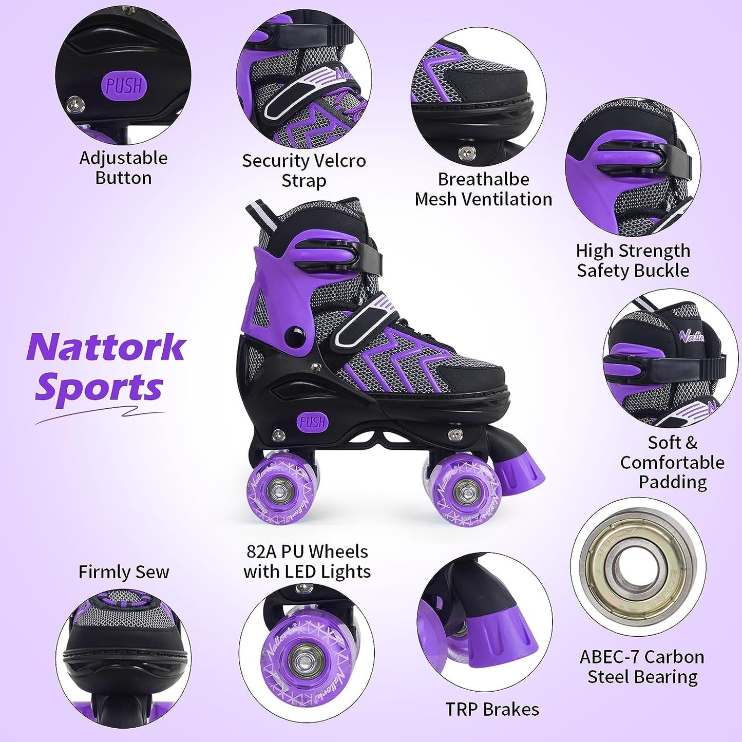 Nattork Adjustable Roller Skates for Kids - Purple