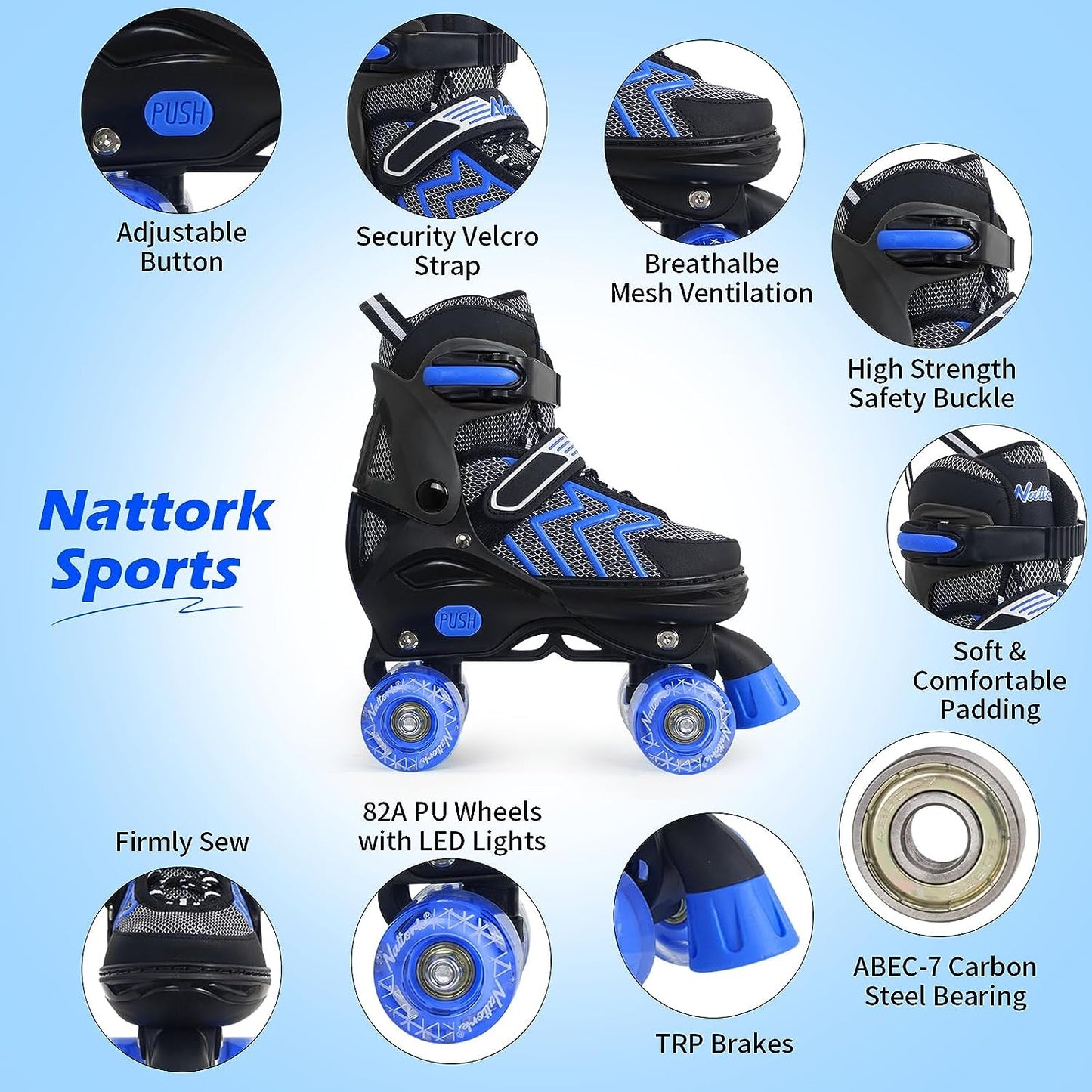 Nattork Adjustable Roller Skates for Kids - Blue