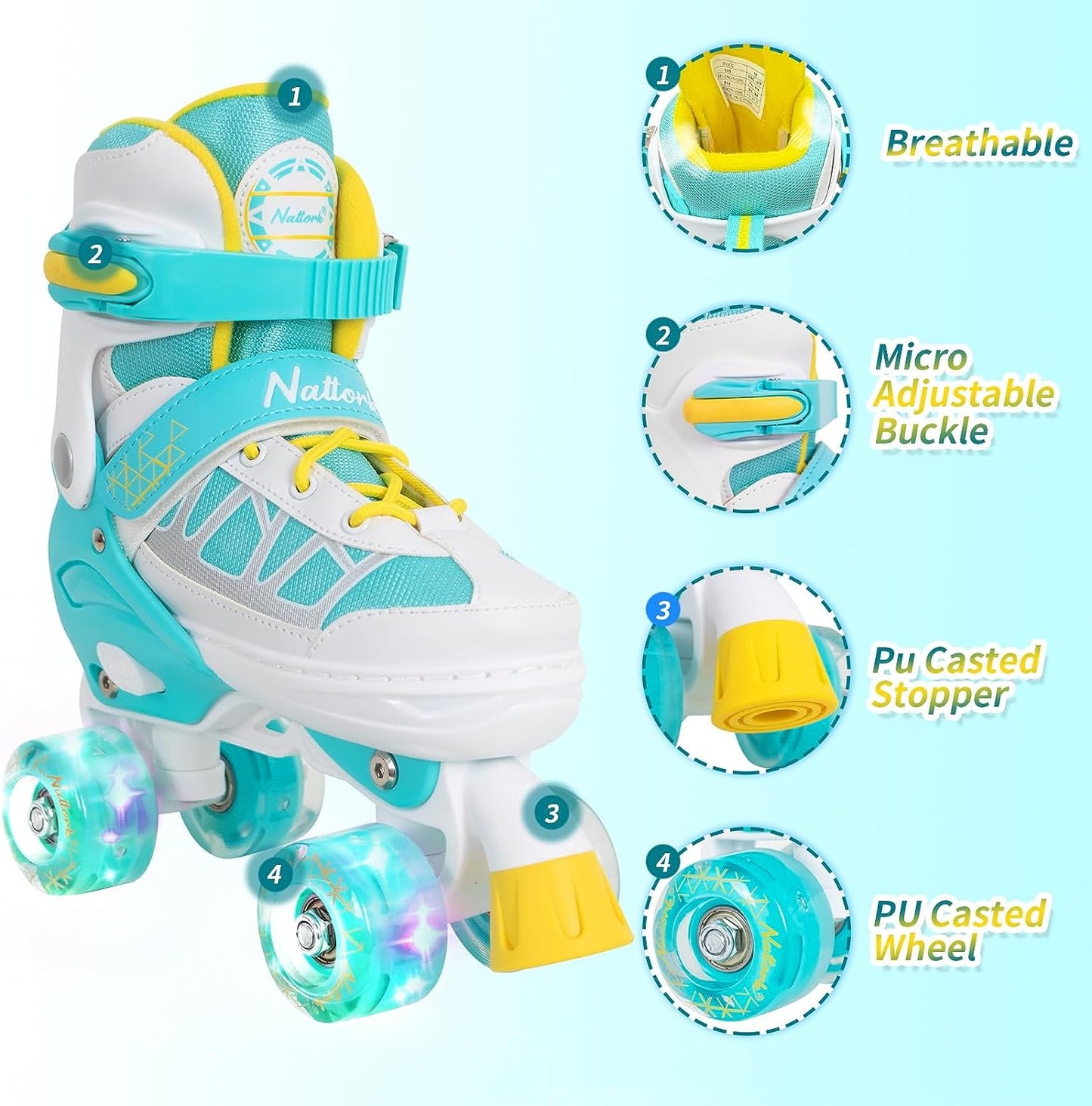 Nattork Adjustable Roller Skates for Kids - Teal