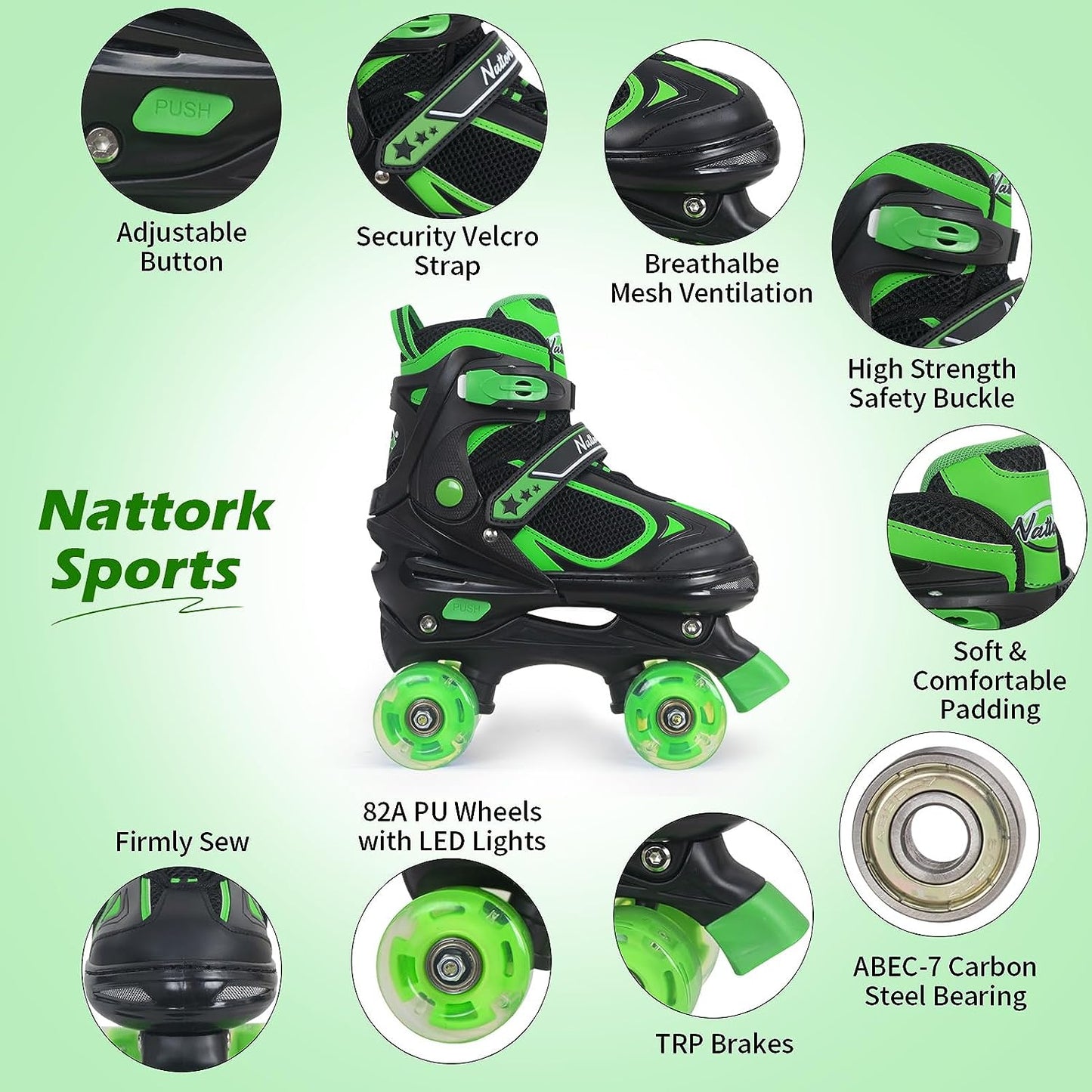 Nattork Adjustable Roller Skates for Kids-Green