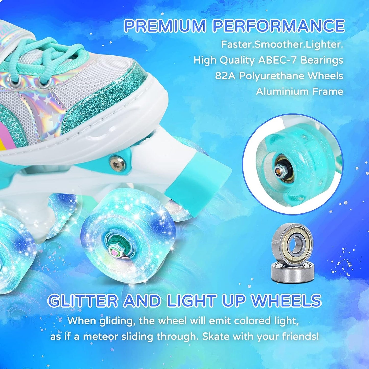 Nattork Adjustable Roller Skates for Kids - Teal