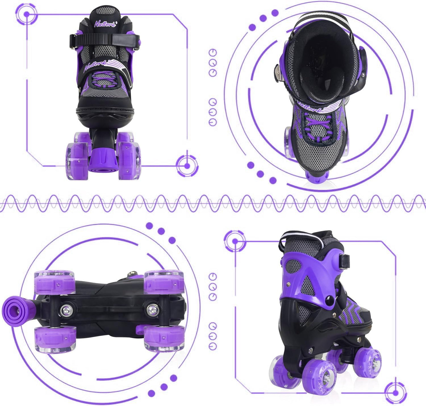 Nattork Adjustable Roller Skates for Kids - Purple