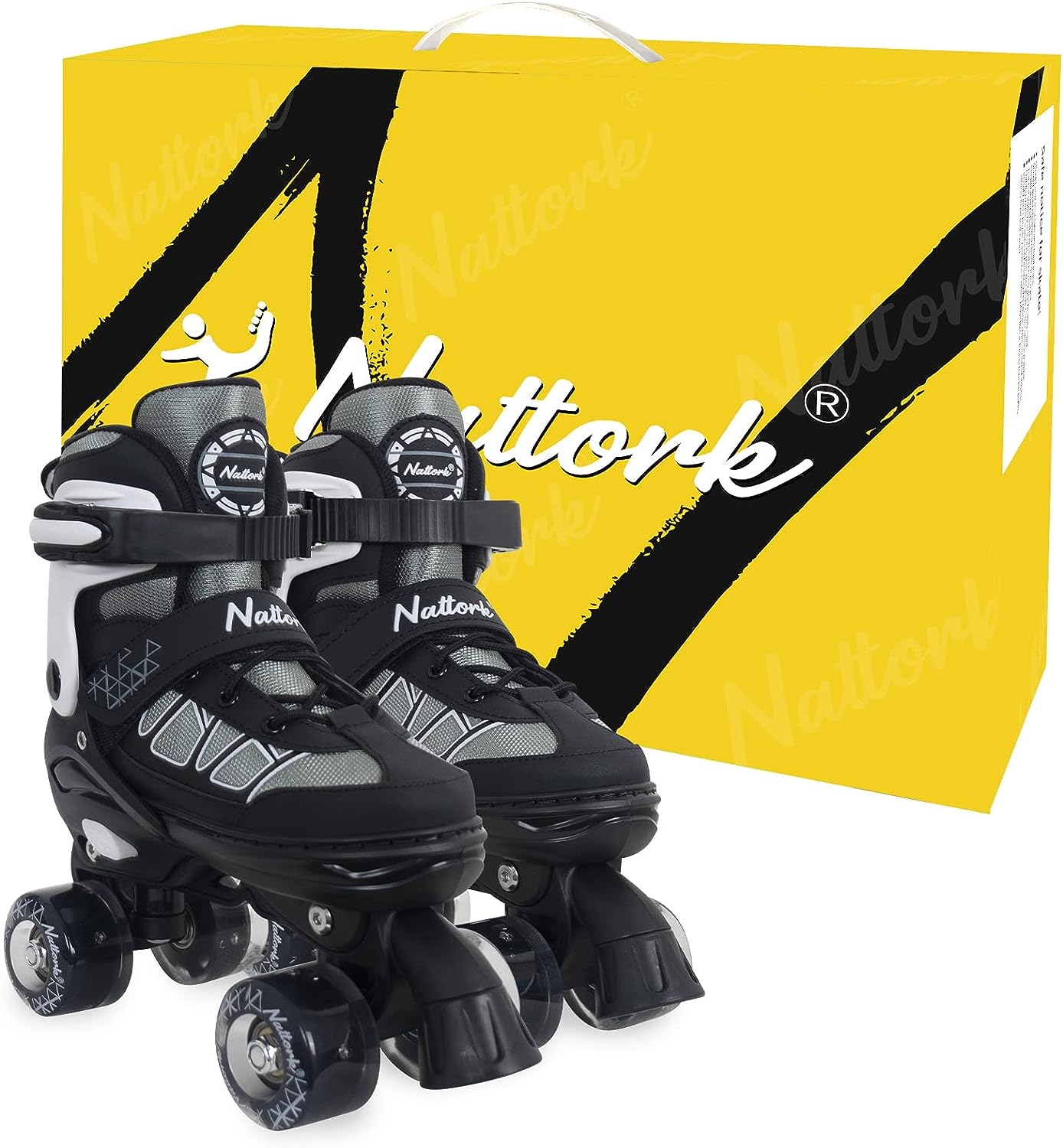 Nattork Adjustable Roller Skates for Kids - Black & white