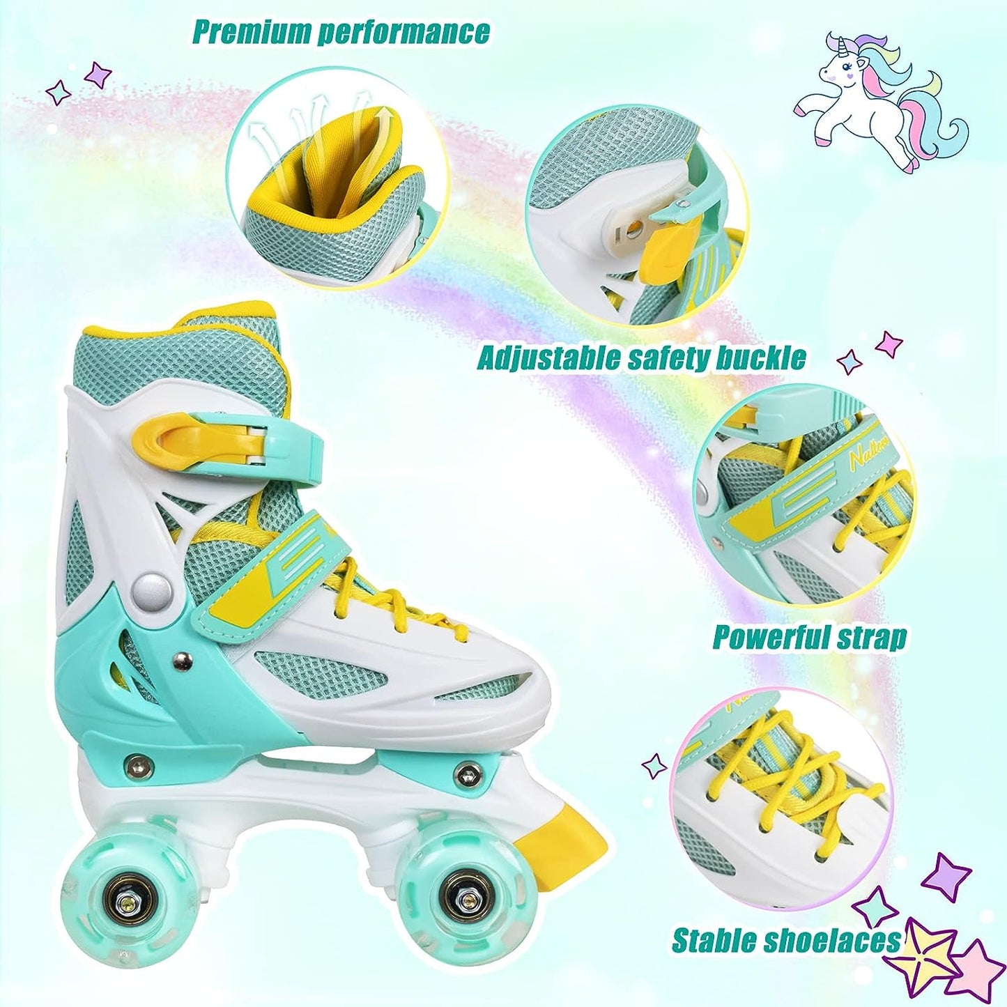 Nattork Adjustable Roller Skates for Kids - Teal