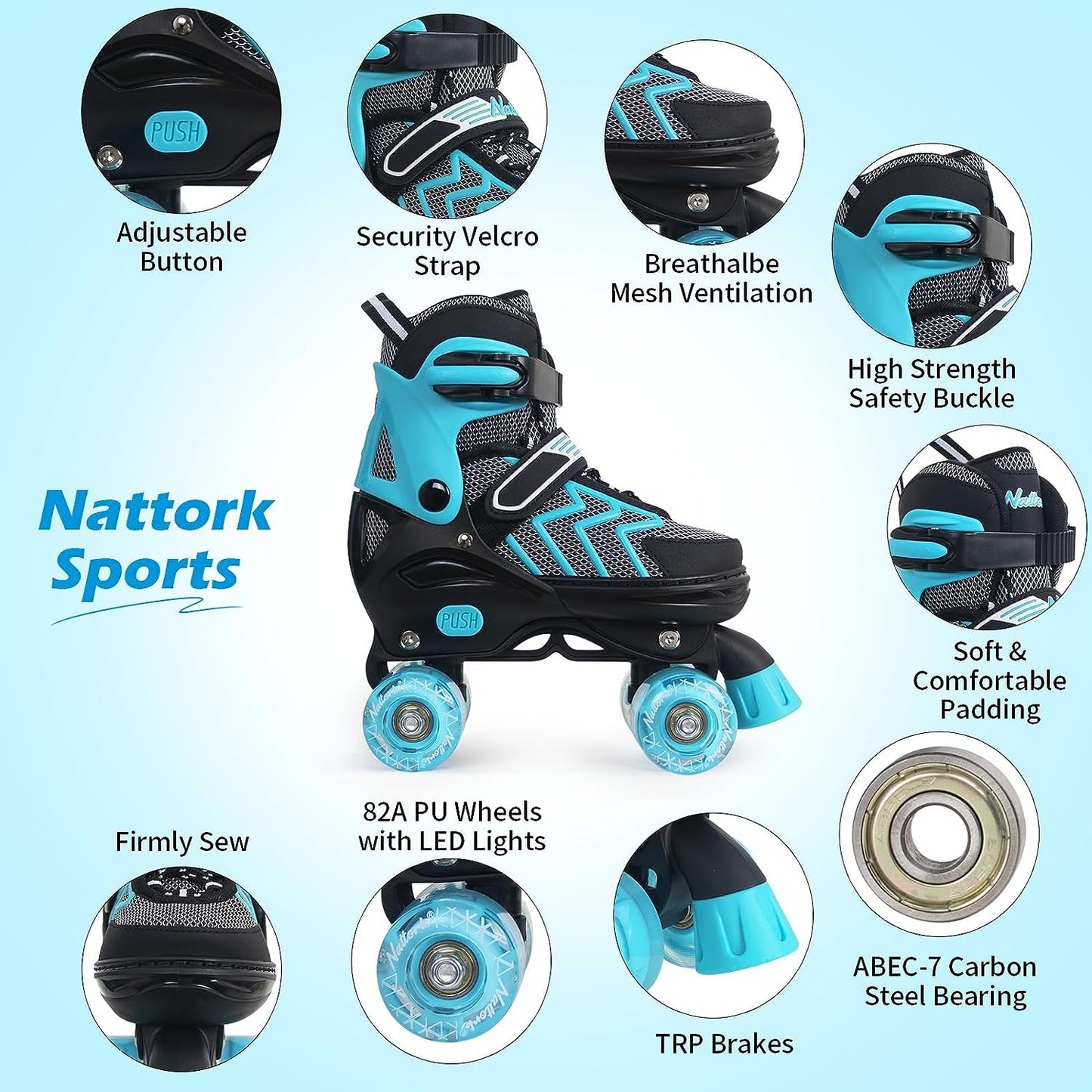 Nattork Adjustable Roller Skates for Kids - Teal