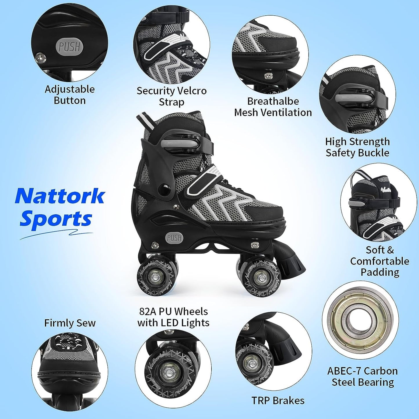 Nattork Adjustable Roller Skates for Kids - Black