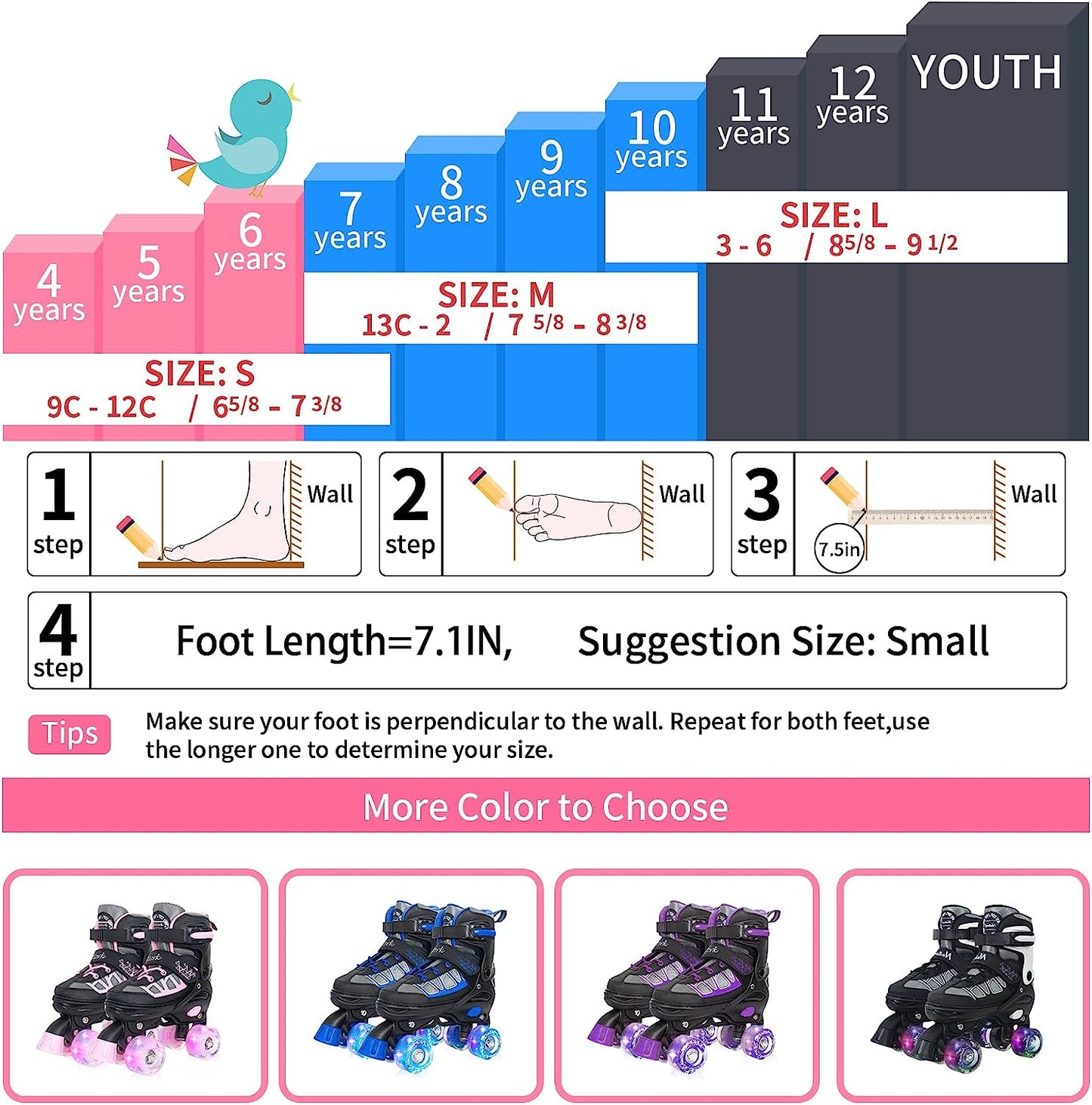 Nattork Adjustable Roller Skates for Kids - Black & white