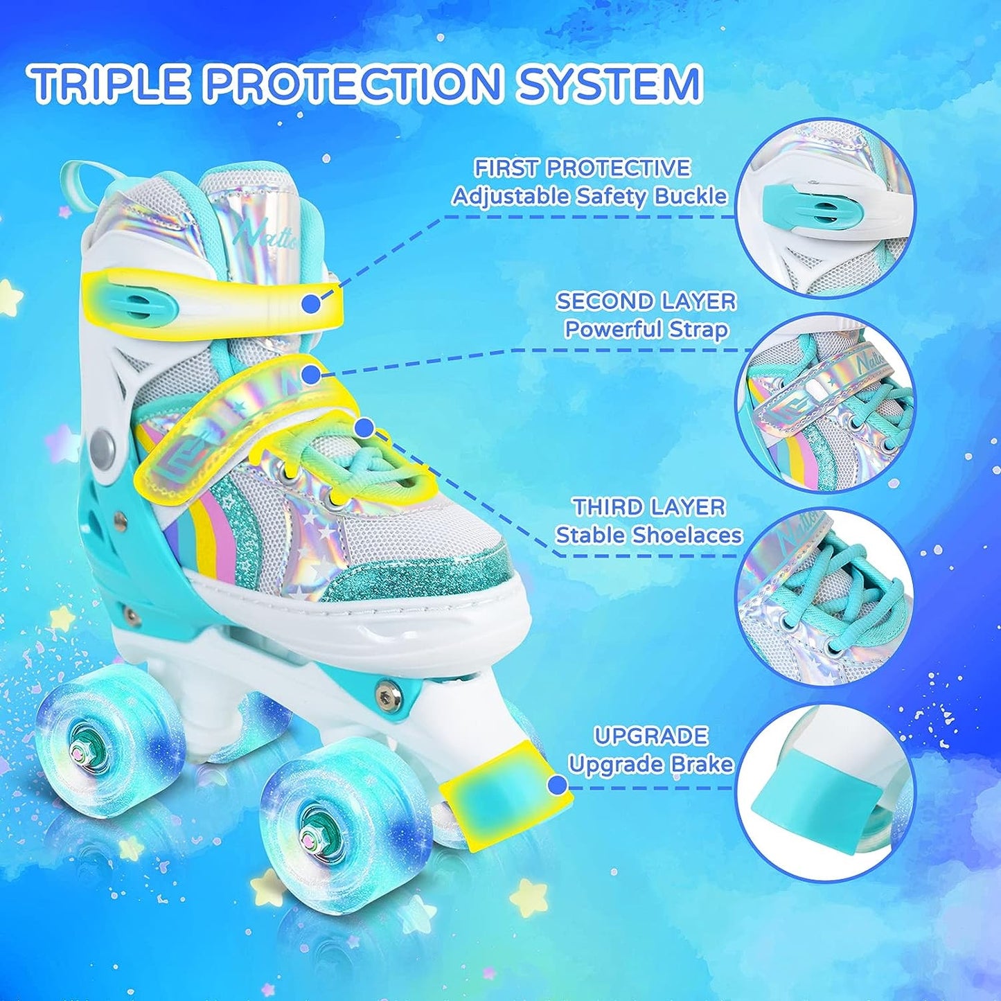 Nattork Adjustable Roller Skates for Kids - Teal