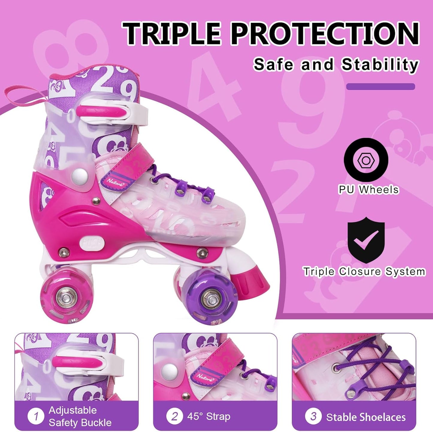 Nattork Adjustable Roller Skates for Kids - Pink