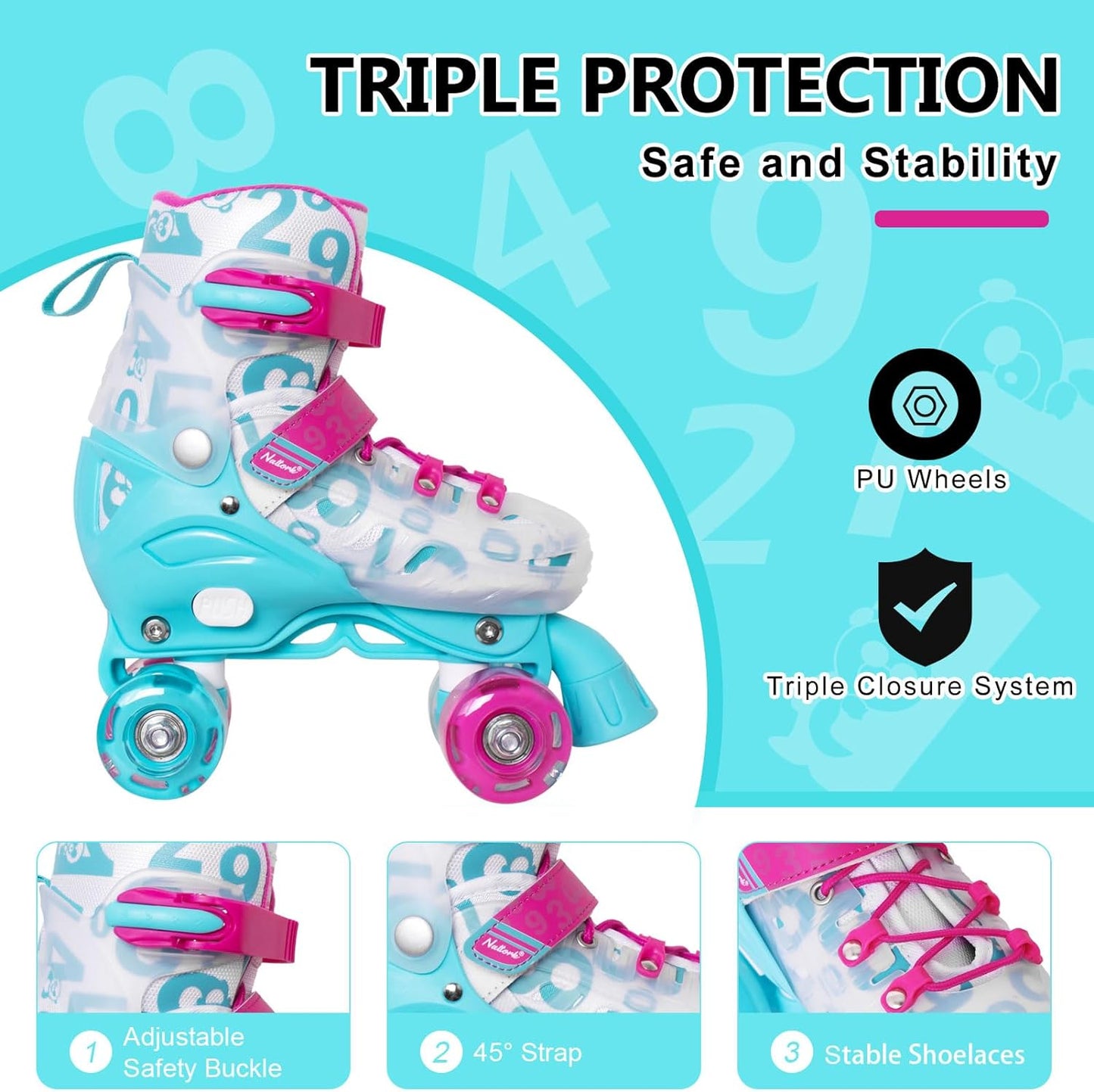 Nattork Adjustable Roller Skates for Kids - Teal