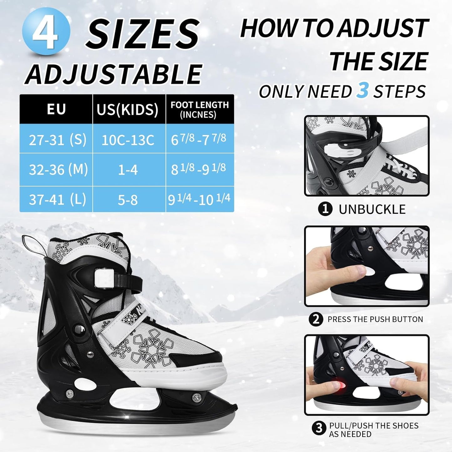 Nattork Adjustable Ice Skates - Black Snow Flake