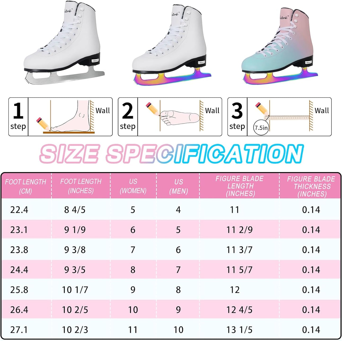 Nattork Ice Figure Skates - WHITE & Color Blades