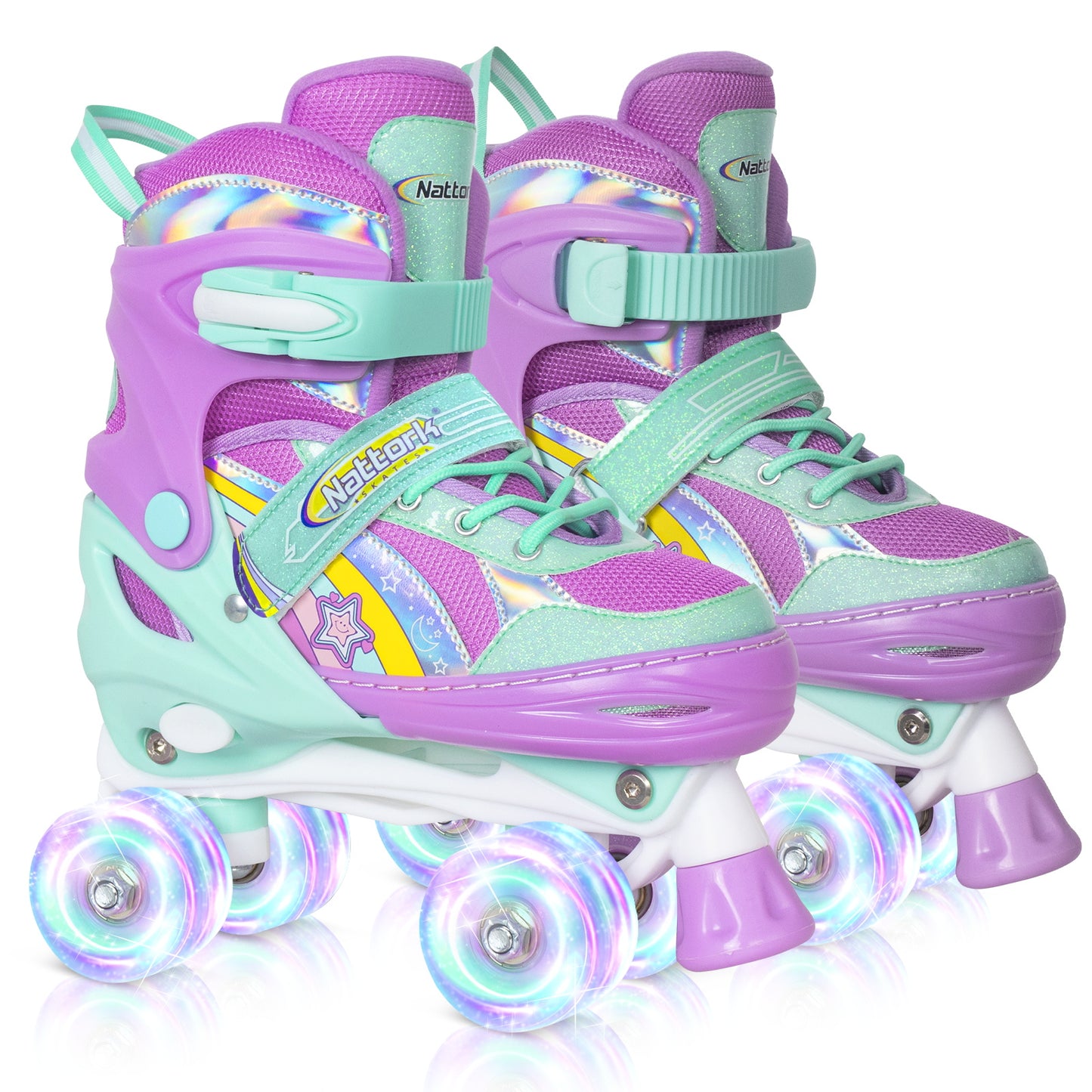 Nattork Adjustable Roller Skates for Kids - Rainbow Star Purple & Teal