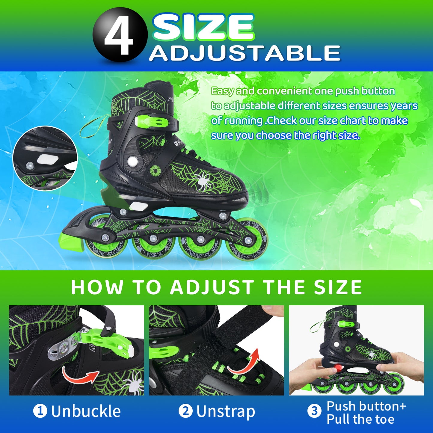 Nattork SPIDER Adjustable Inline Skates for Kids - Black & Green