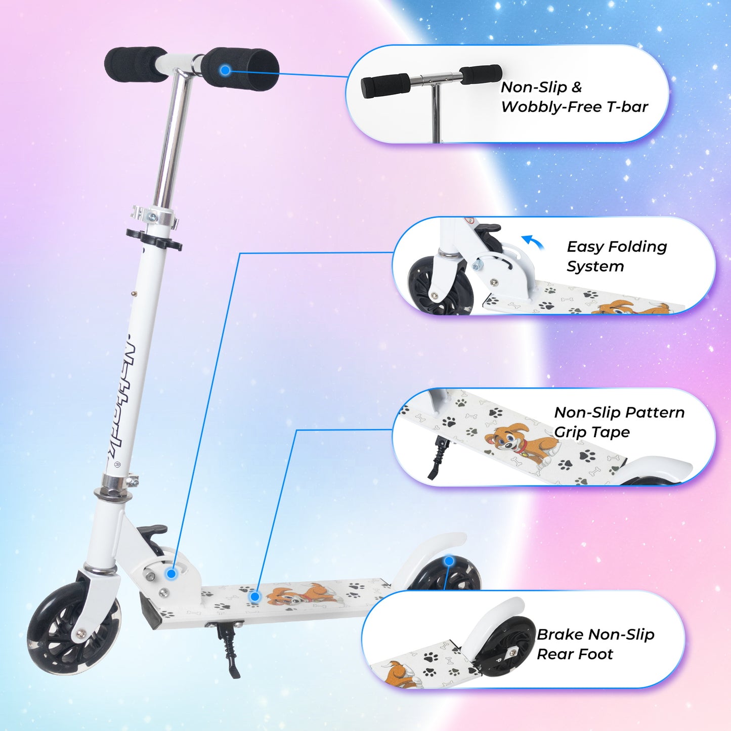 Patinete plegable para niños Nattork con luces, de 3 años en adelante, color blanco cachorro
