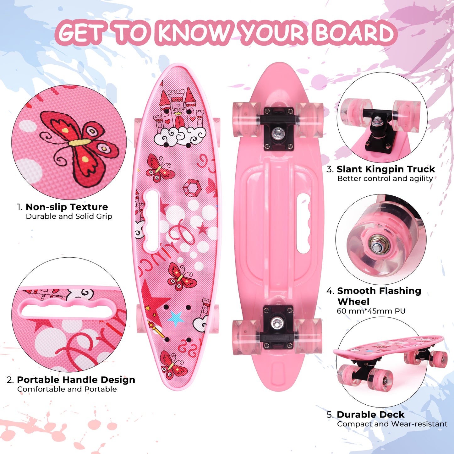 Nattork 23 Inch Light-Up Mini Cruiser Skateboard for Kids - Pink