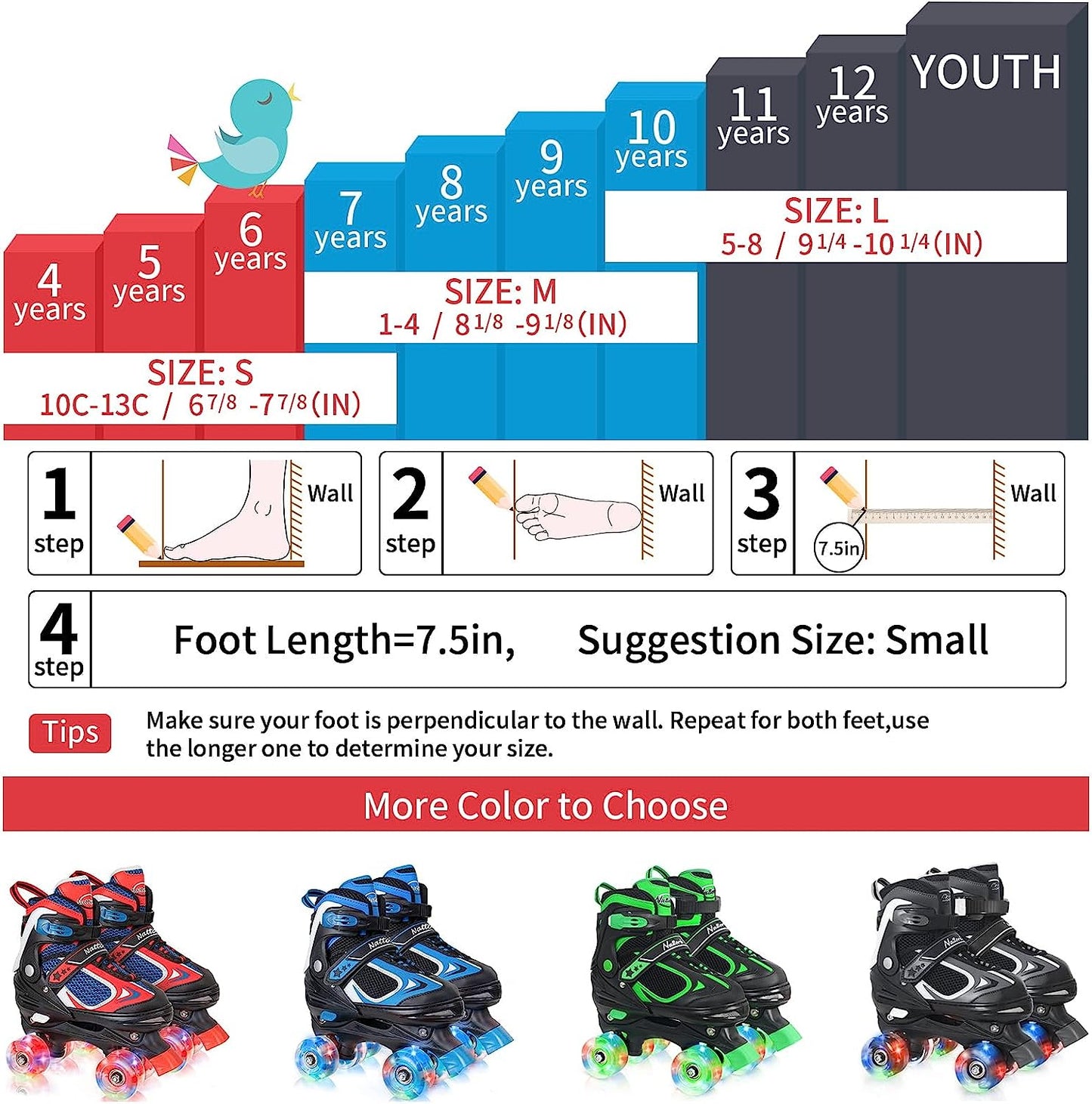 Nattork Adjustable Roller Skates for Kids-Red