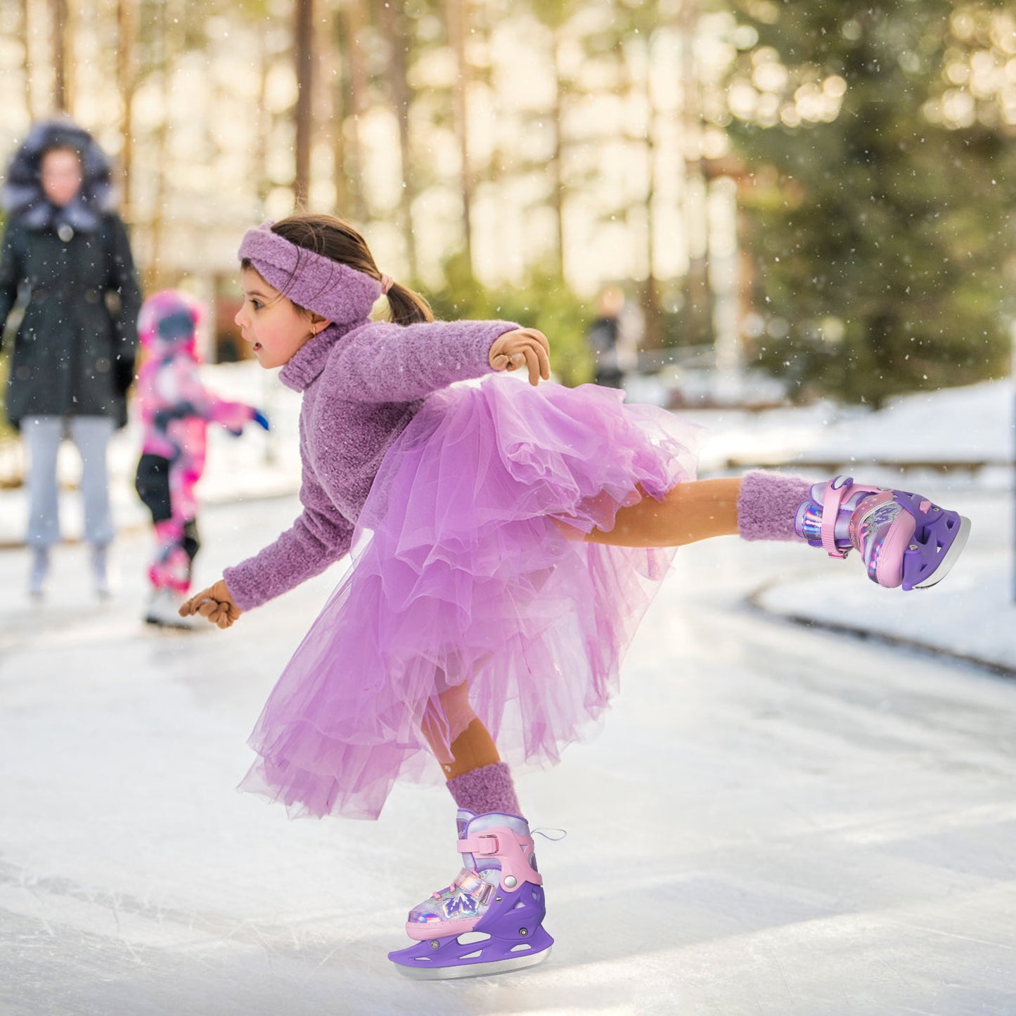 Nattork Adjustable Ice Skates for Kids - Snowy Ice Pink & Purple