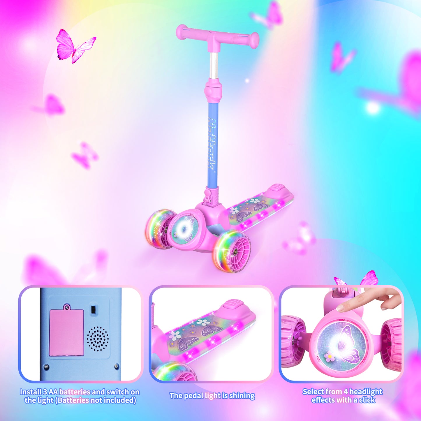 Nattork Foldable Light-Up 3-Wheel Scooter for Kids Ages 3+ - Fairy Wing Lavender