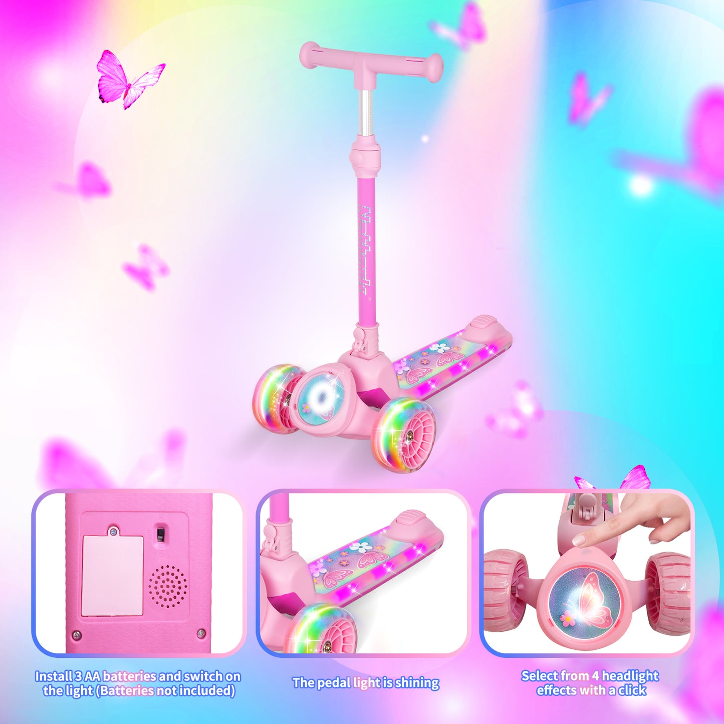 Nattork Foldable Light-Up 3-Wheel Scooter for Kids Ages 3+ - Fairy Wing Pink