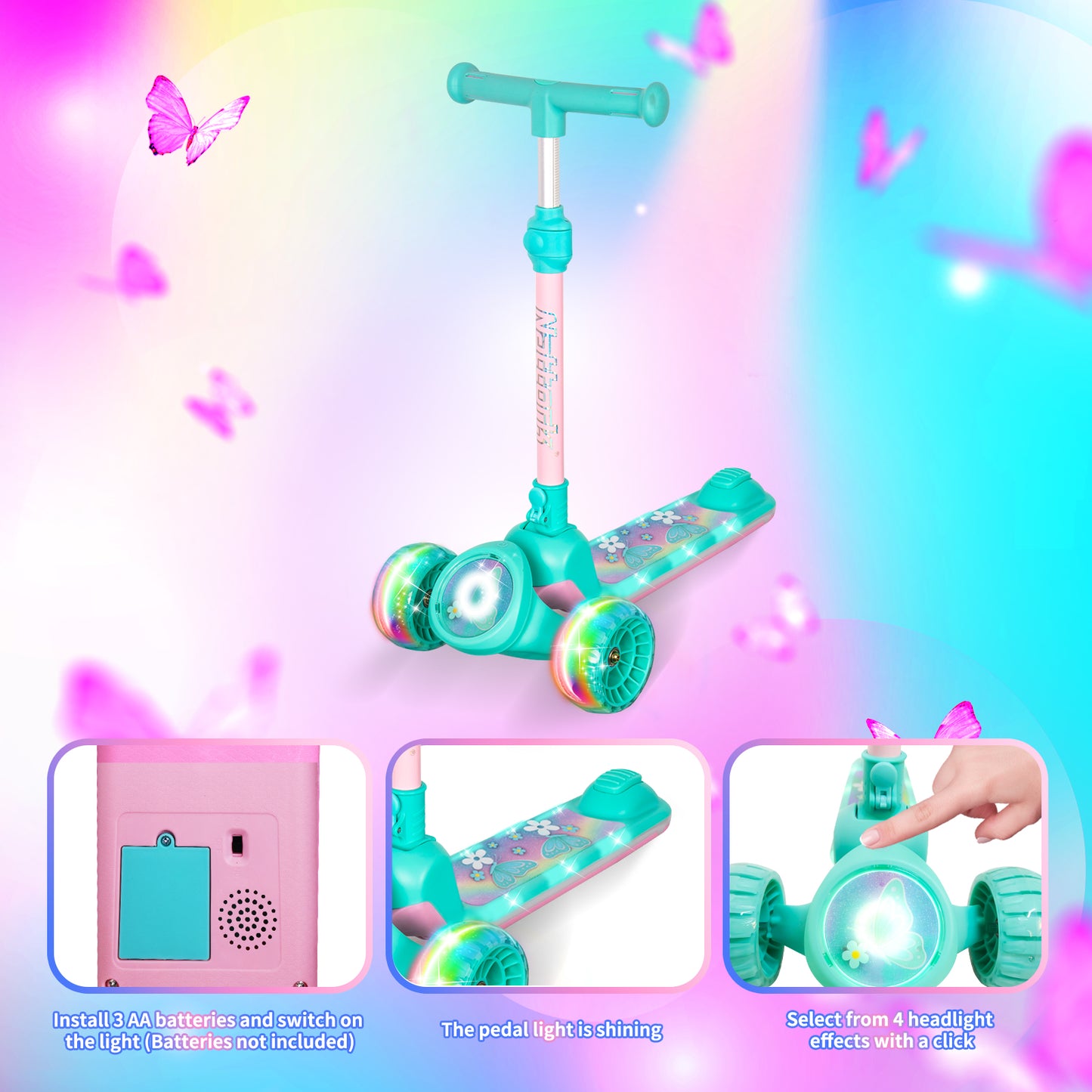 Nattork Foldable Light-Up 3-Wheel Scooter for Kids Ages 3+ - Fairy Wing Teal