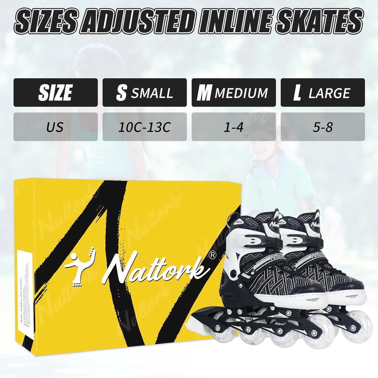 Nattork Adjustable Inline Skates for Kids Boys Black