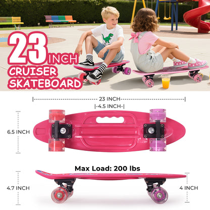 Nattork 23 Inch Light-Up Mini Cruiser Skateboard for Kids - Viva Magenta