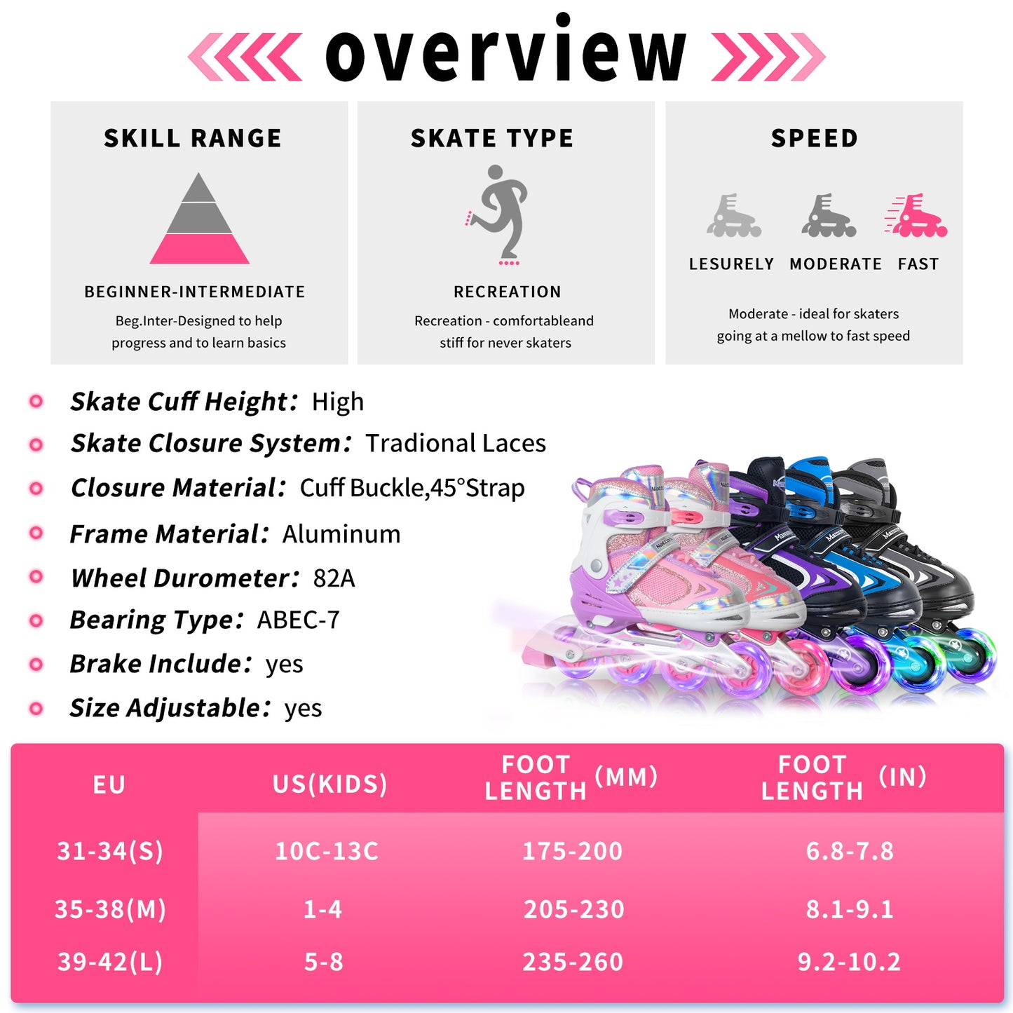 Nattork Adjustable Inline Skates for Kids - Pink