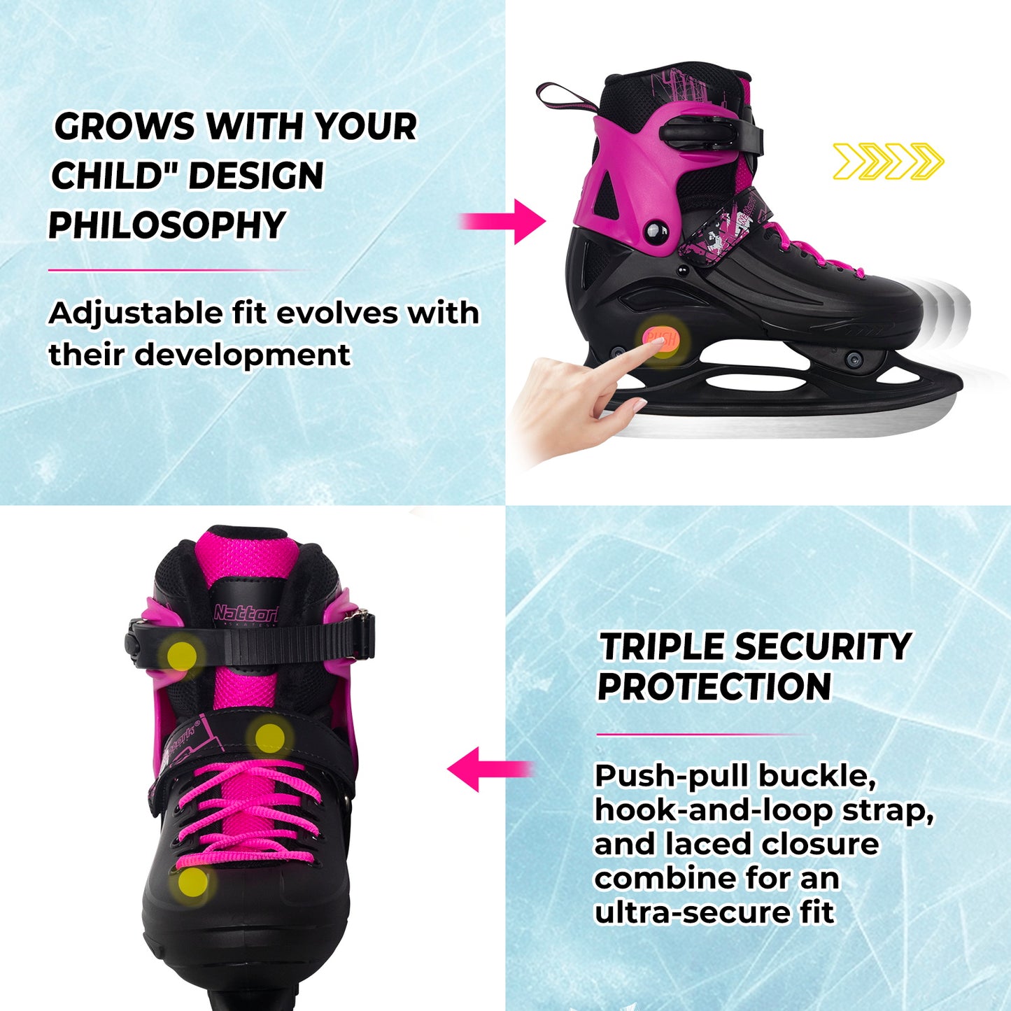Nattork Adjustable Ice Skates for Kids - Viva Magenta