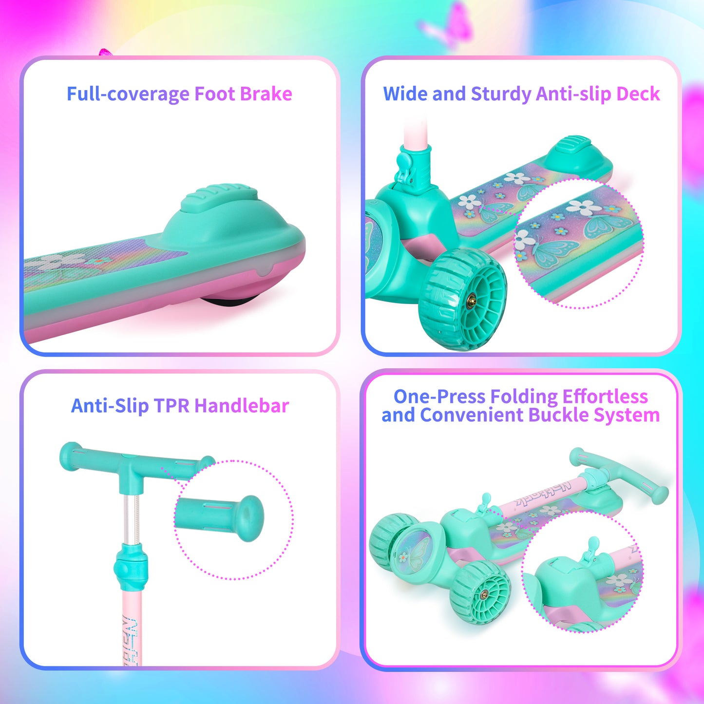 Nattork Foldable Light-Up 3-Wheel Scooter for Kids Ages 3+ - Fairy Wing Teal