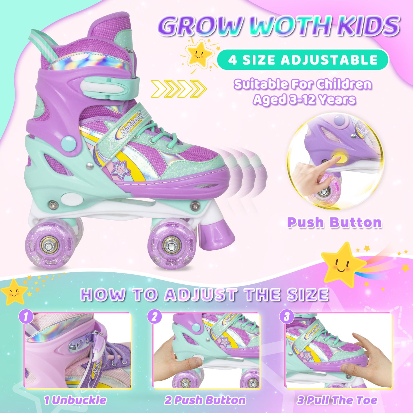 Nattork Adjustable Roller Skates for Kids - Rainbow Star Purple & Teal
