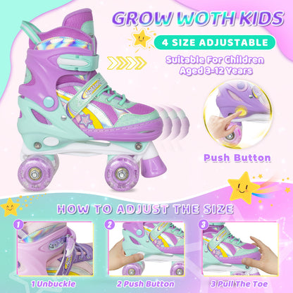 Nattork Adjustable Roller Skates for Kids - Rainbow Star Purple & Teal