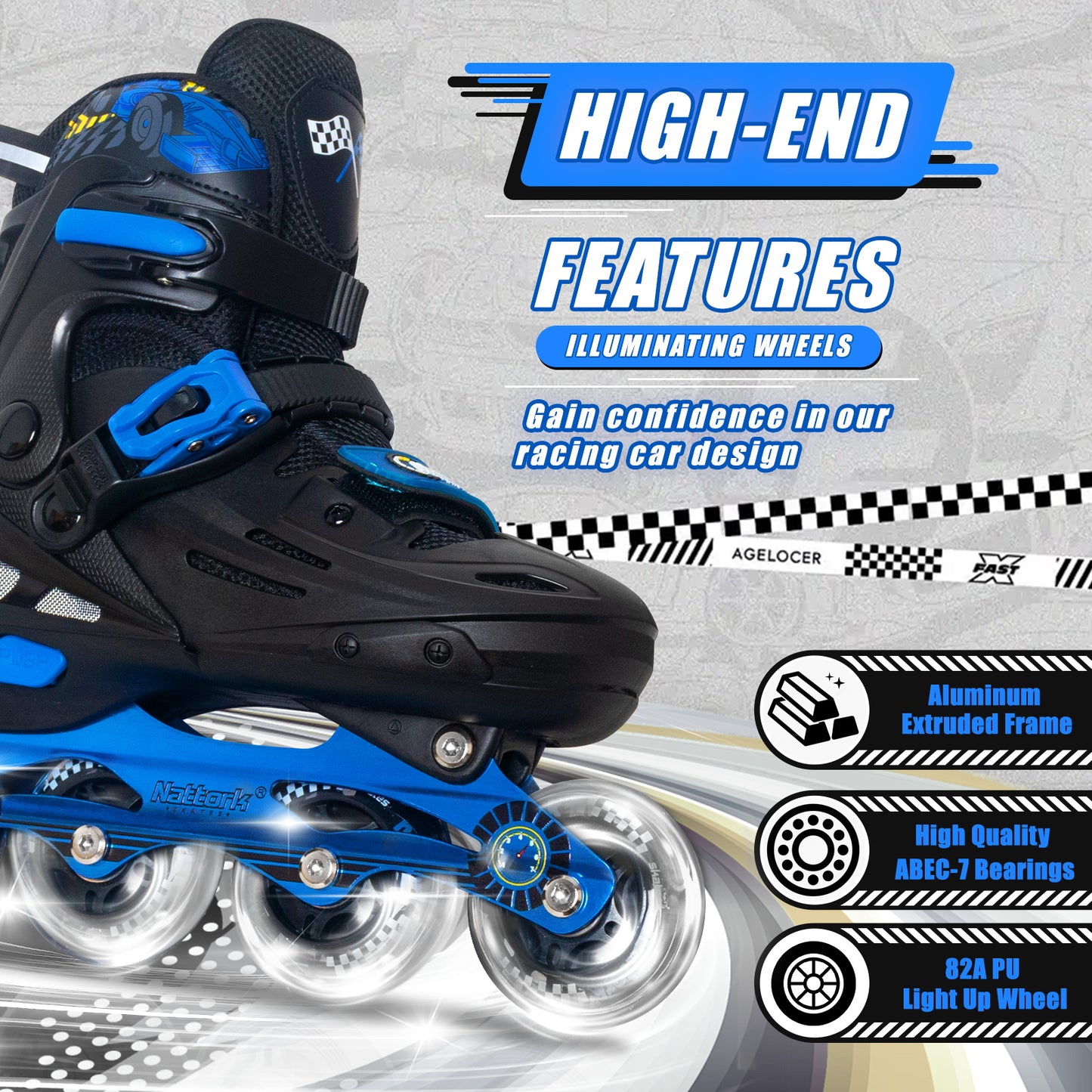 Nattork BLADE RACERS Adjustable Inline Skates for Kids - Blue Gemstone