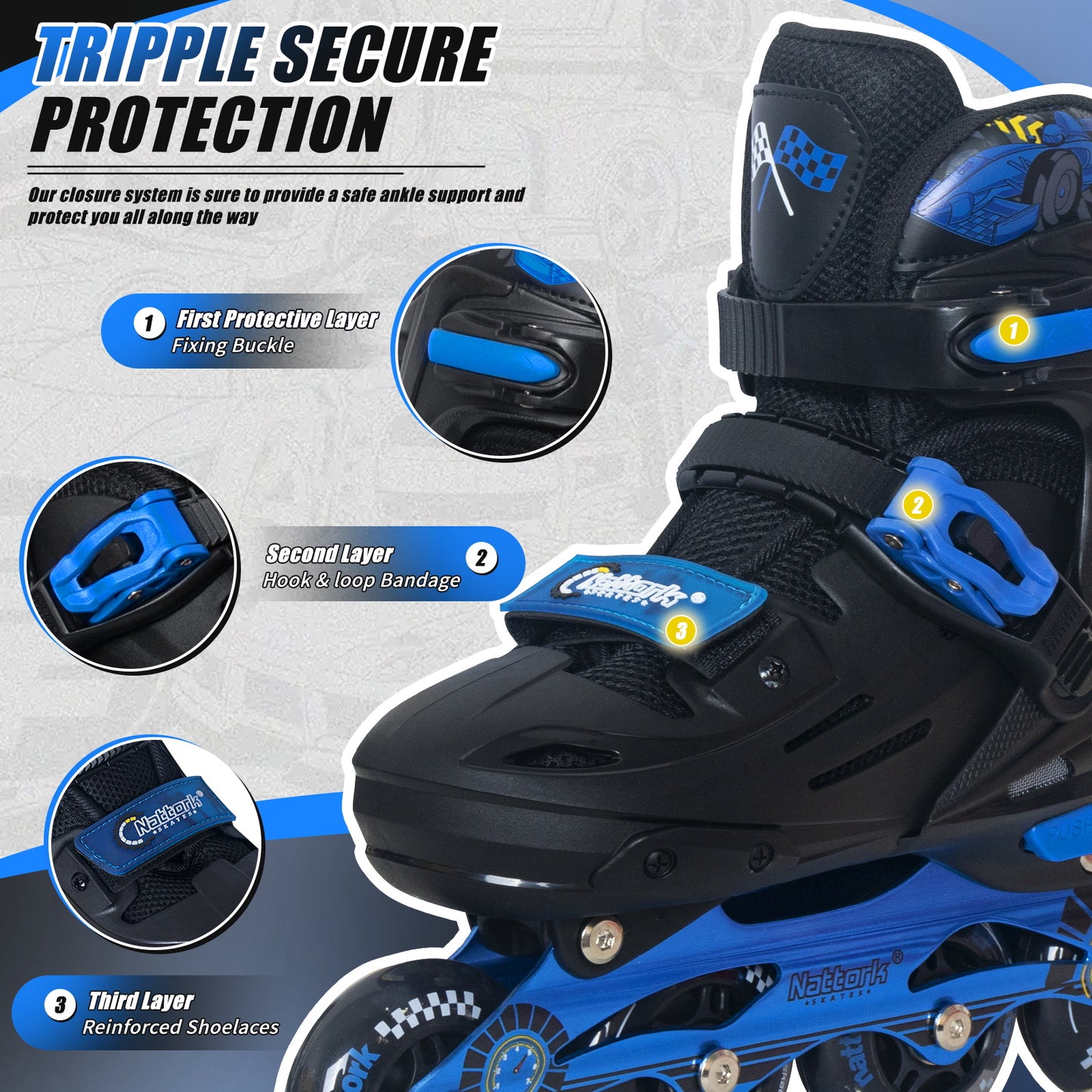 Nattork BLADE RACERS Adjustable Inline Skates for Kids - Blue Gemstone