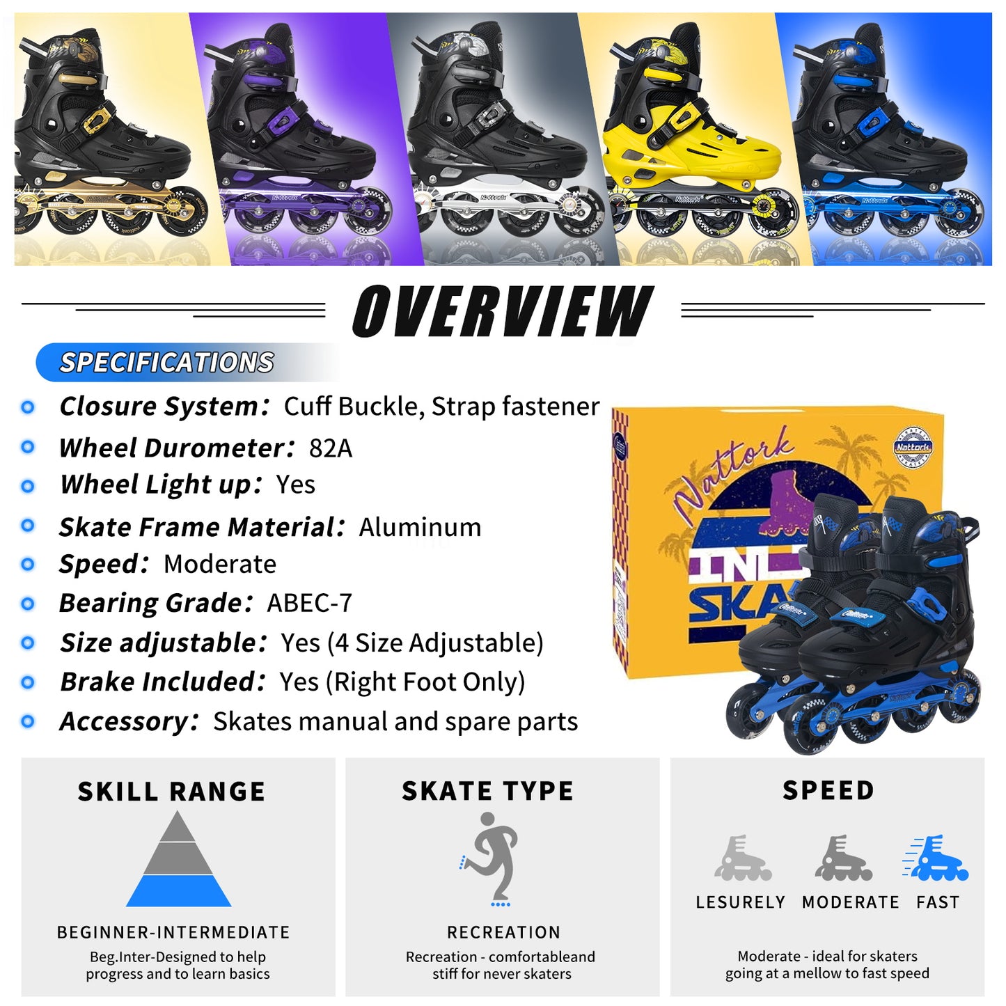 Nattork BLADE RACERS Adjustable Inline Skates for Kids - Blue Gemstone