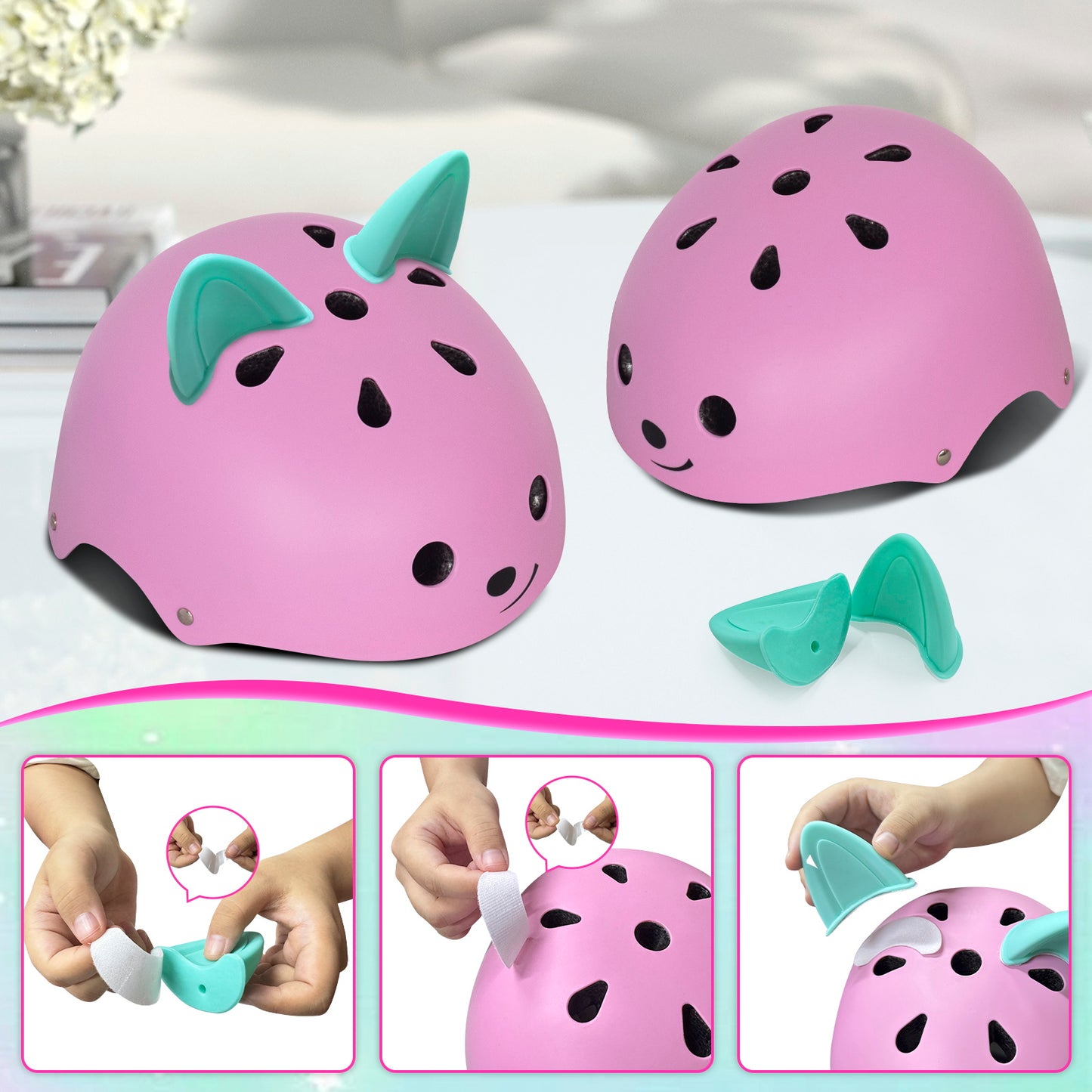 Nattork Skate Helmet Protective Gear for Kids - Pink Cat