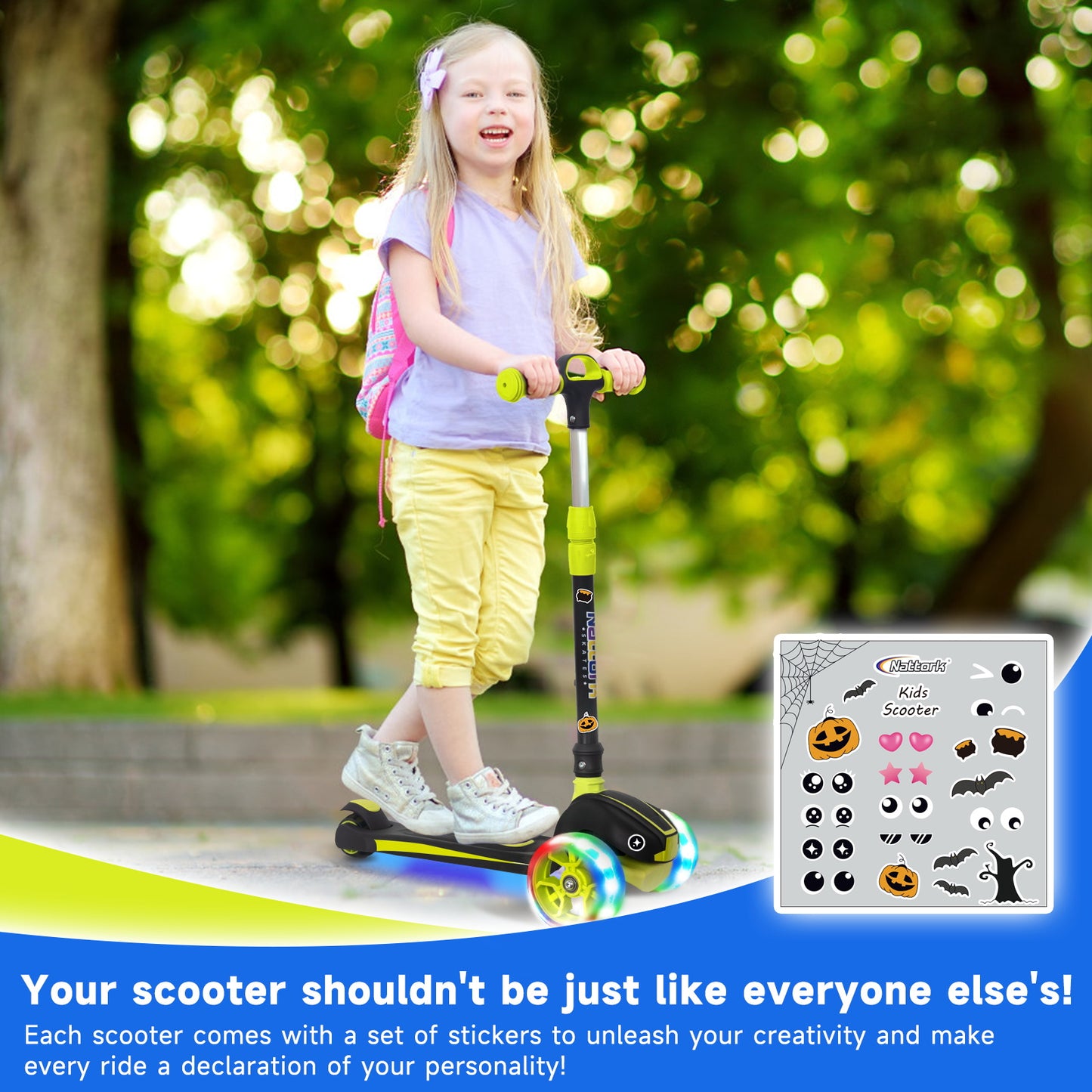 Nattork Foldable Light-Up 3-Wheel Scooter for Kids Ages 3–12 - Green