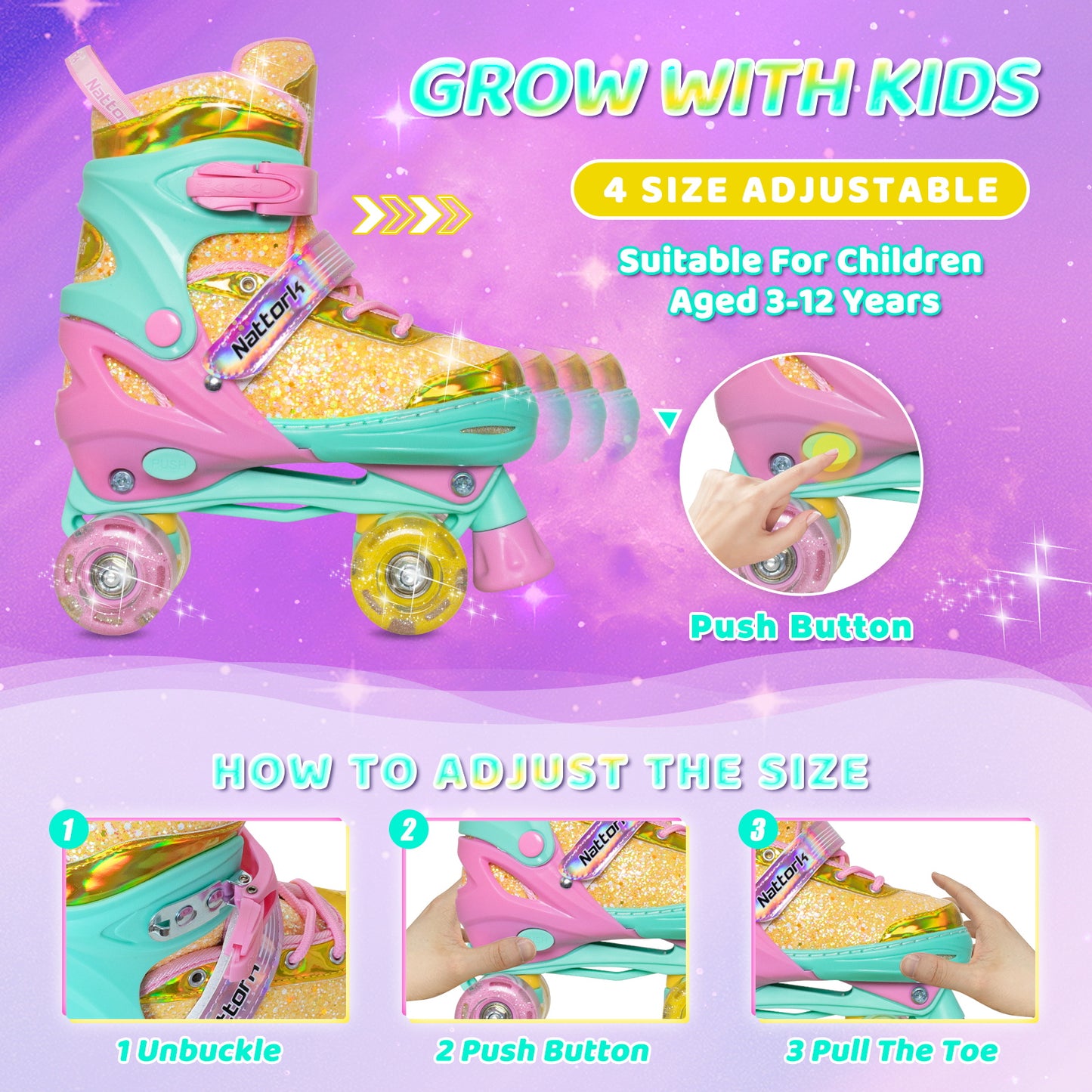Patines ajustables Nattork para niños - Candy Sparkly Purple