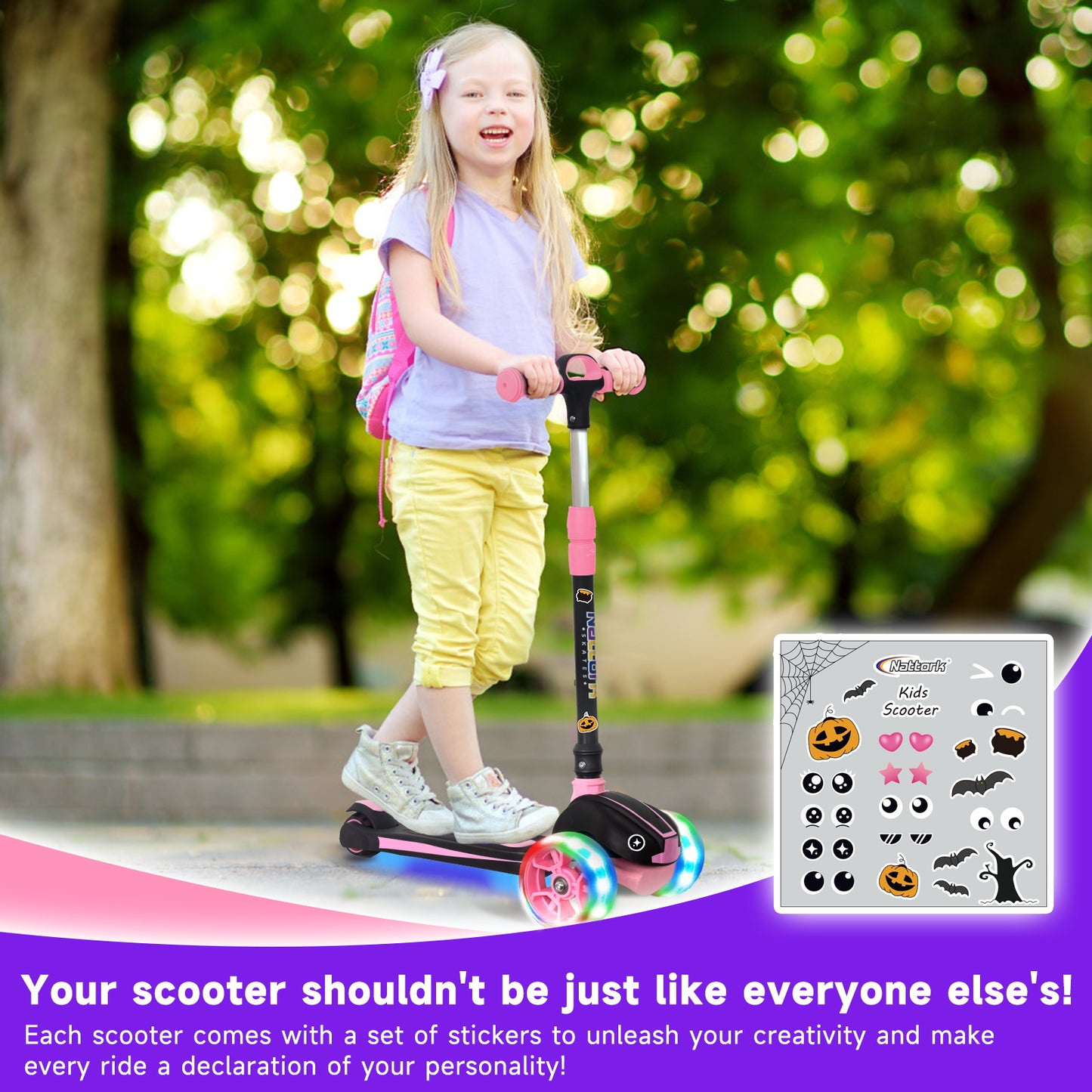 Nattork Foldable Light-Up 3-Wheel Scooter for Kids Ages 3–12 - Pink