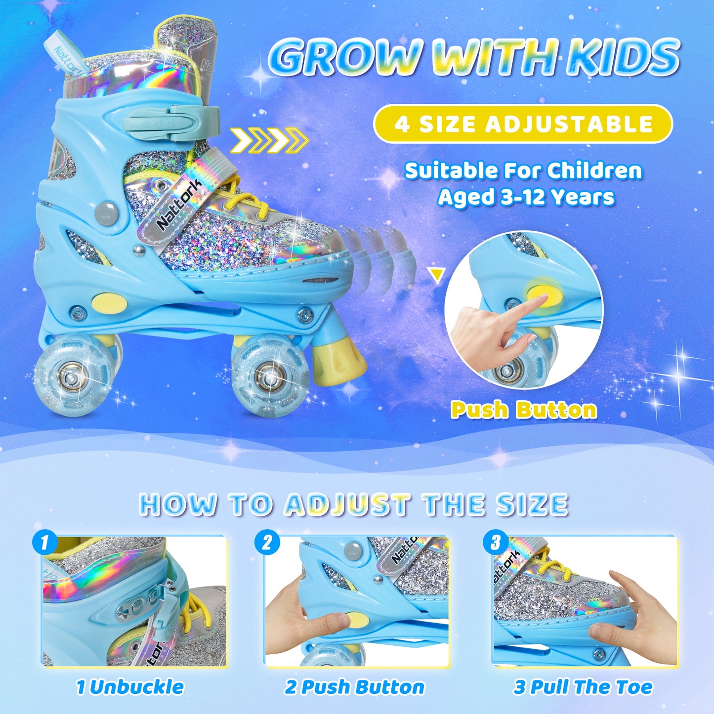 Patines ajustables Nattork para niños - Candy Sparkly Purple