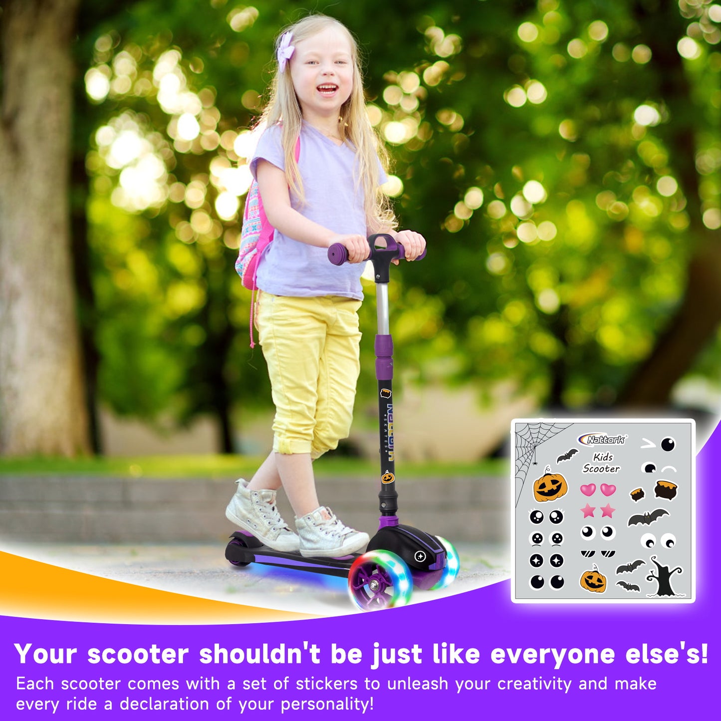Nattork Foldable Light-Up 3-Wheel Scooter for Kids Ages 3–12 - Purple