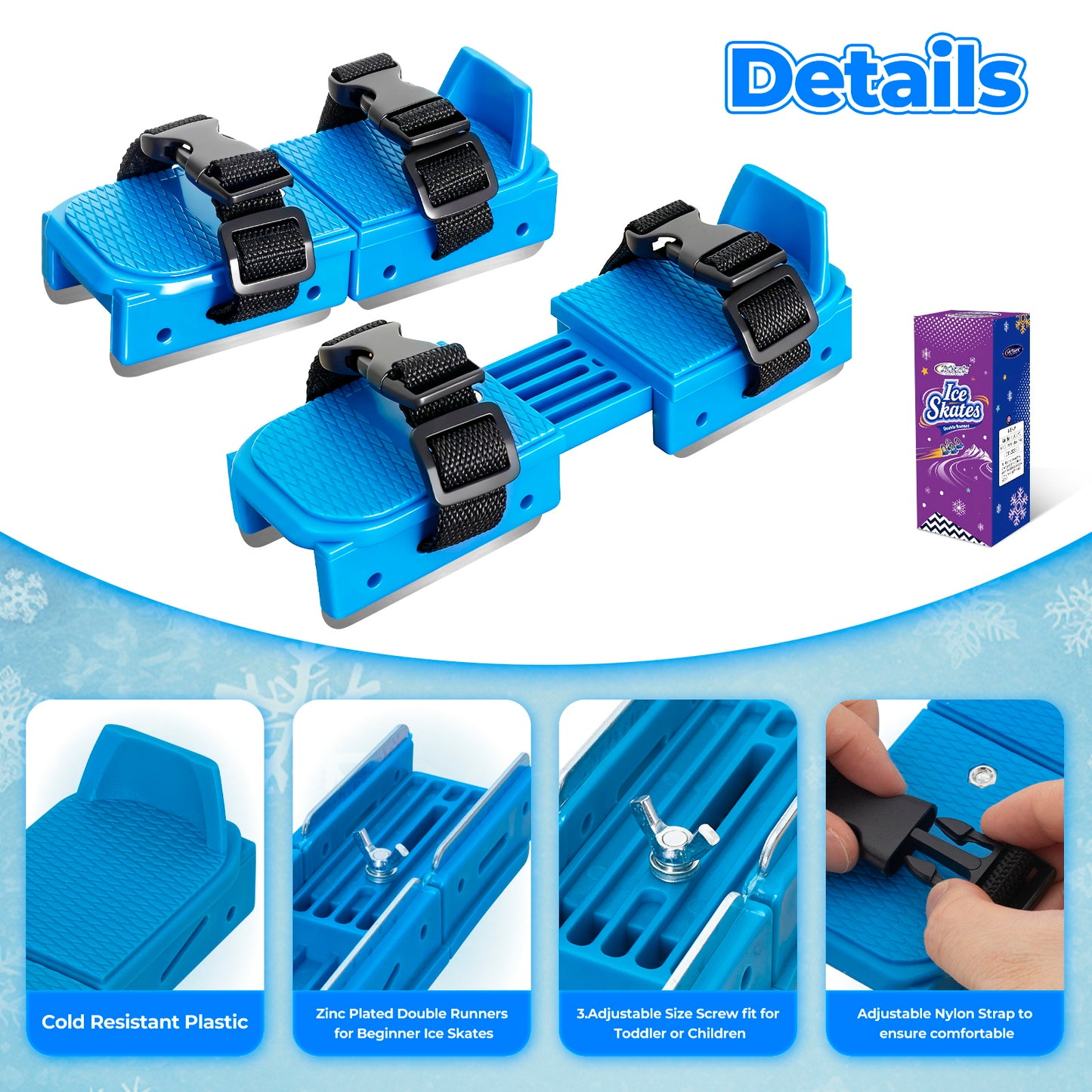 Nattork Adjustable Double-Runner Ice Skates for Kids - Blue