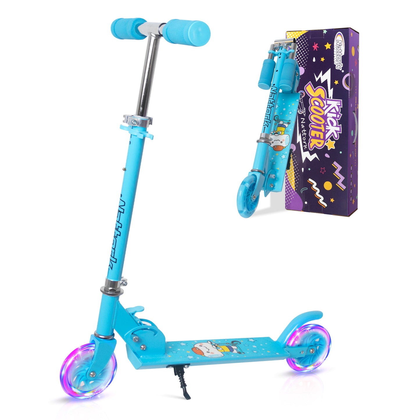 Nattork Foldable Kids Scooter with Lights Ages 3+ Azure Gliding Knight