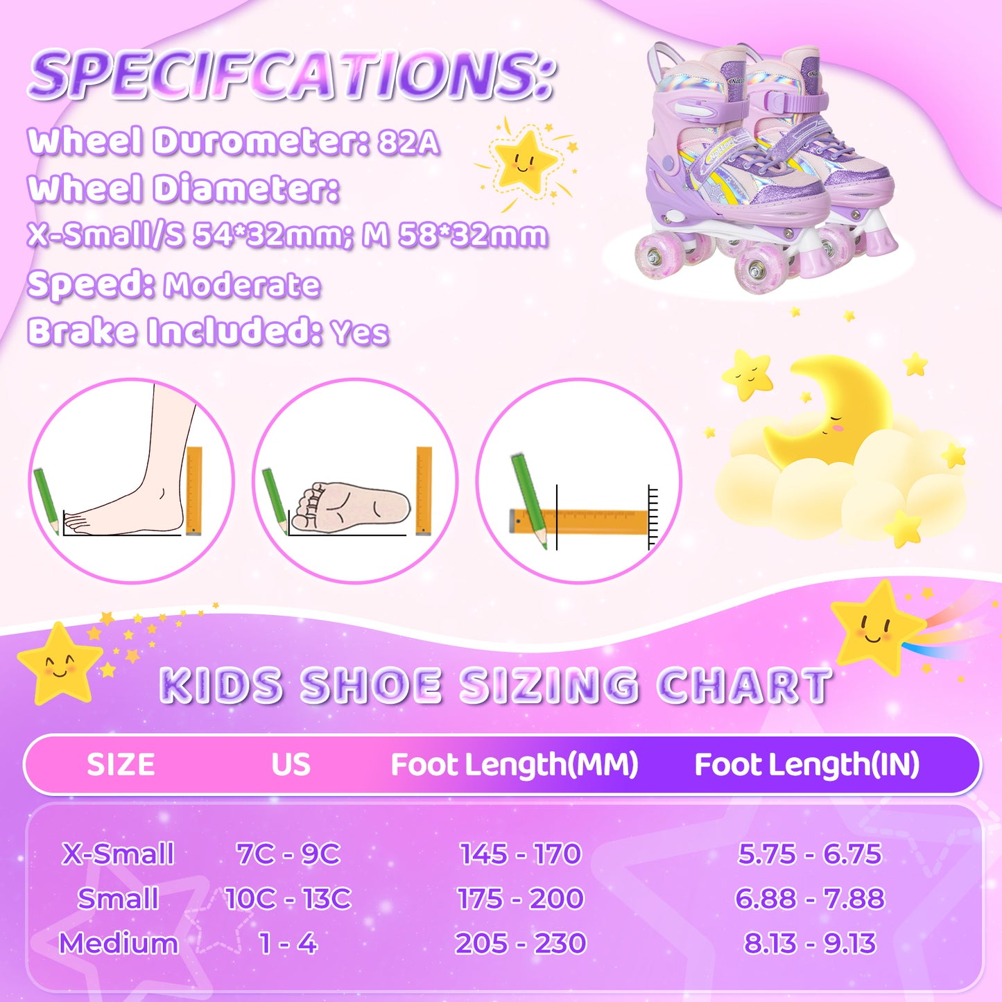 Nattork Adjustable Roller Skates for Kids - Rainbow Star Purple & Pink