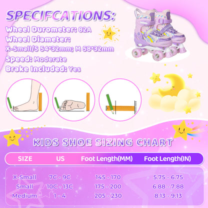 Nattork Adjustable Roller Skates for Kids - Rainbow Star Purple & Pink