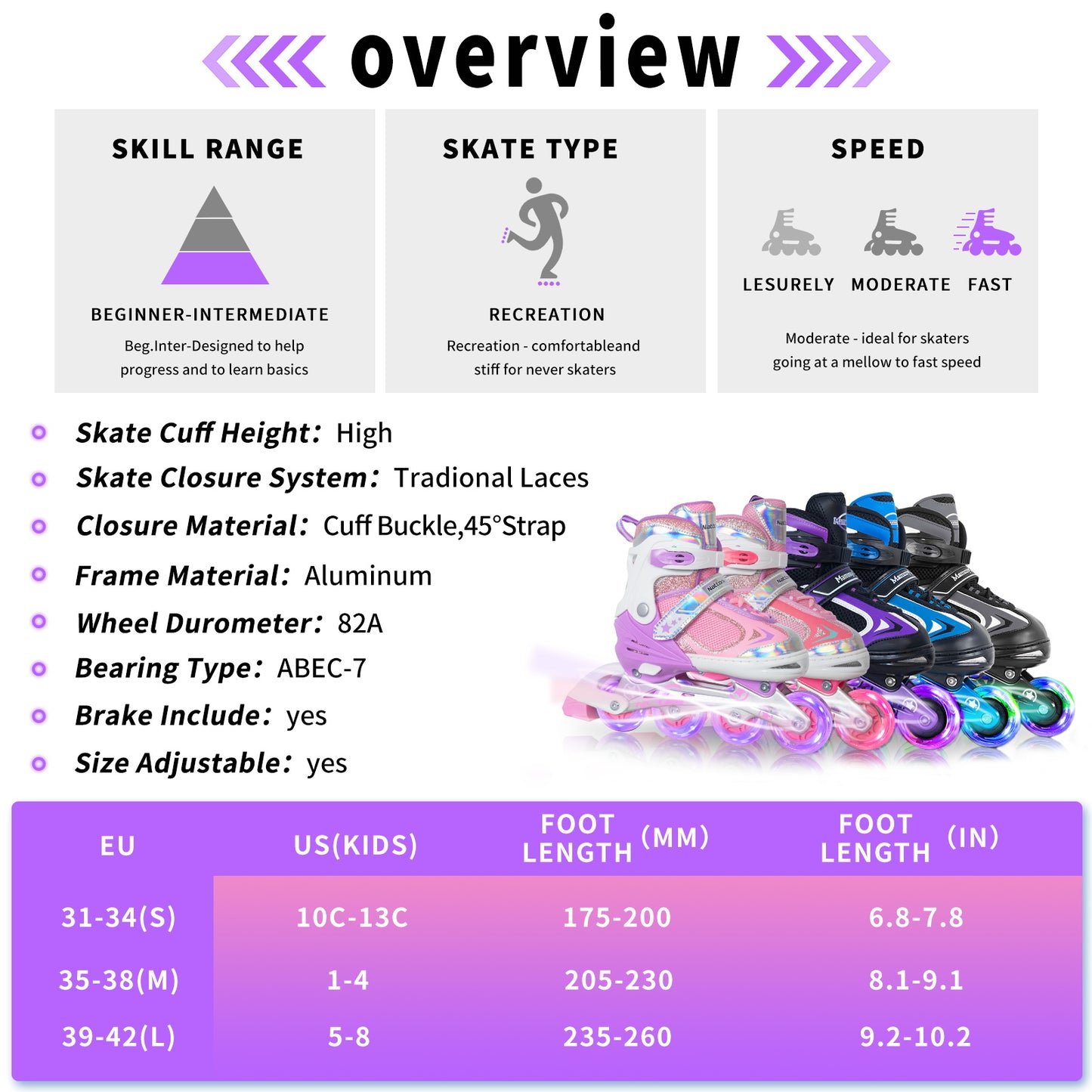 Nattork Adjustable Inline Skates for Kids - Lavender