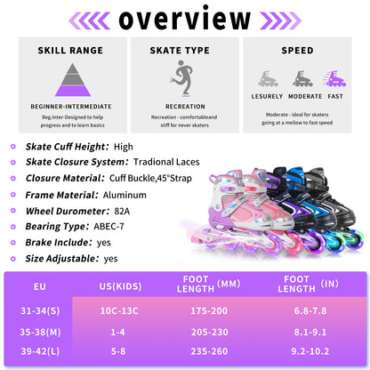 Nattork Adjustable Inline Skates for Kids - Lavender