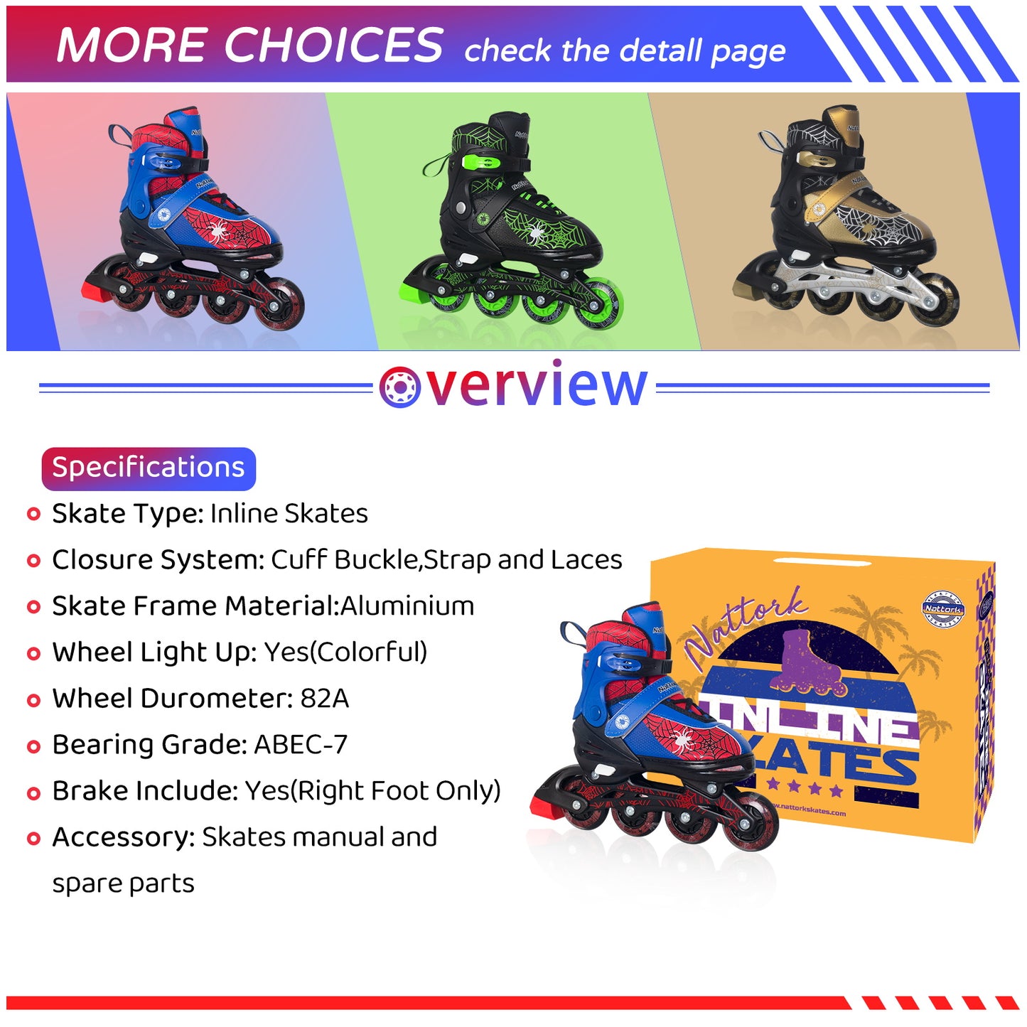 Nattork SPIDER Adjustable Inline Skates for Kids - Blue & Red