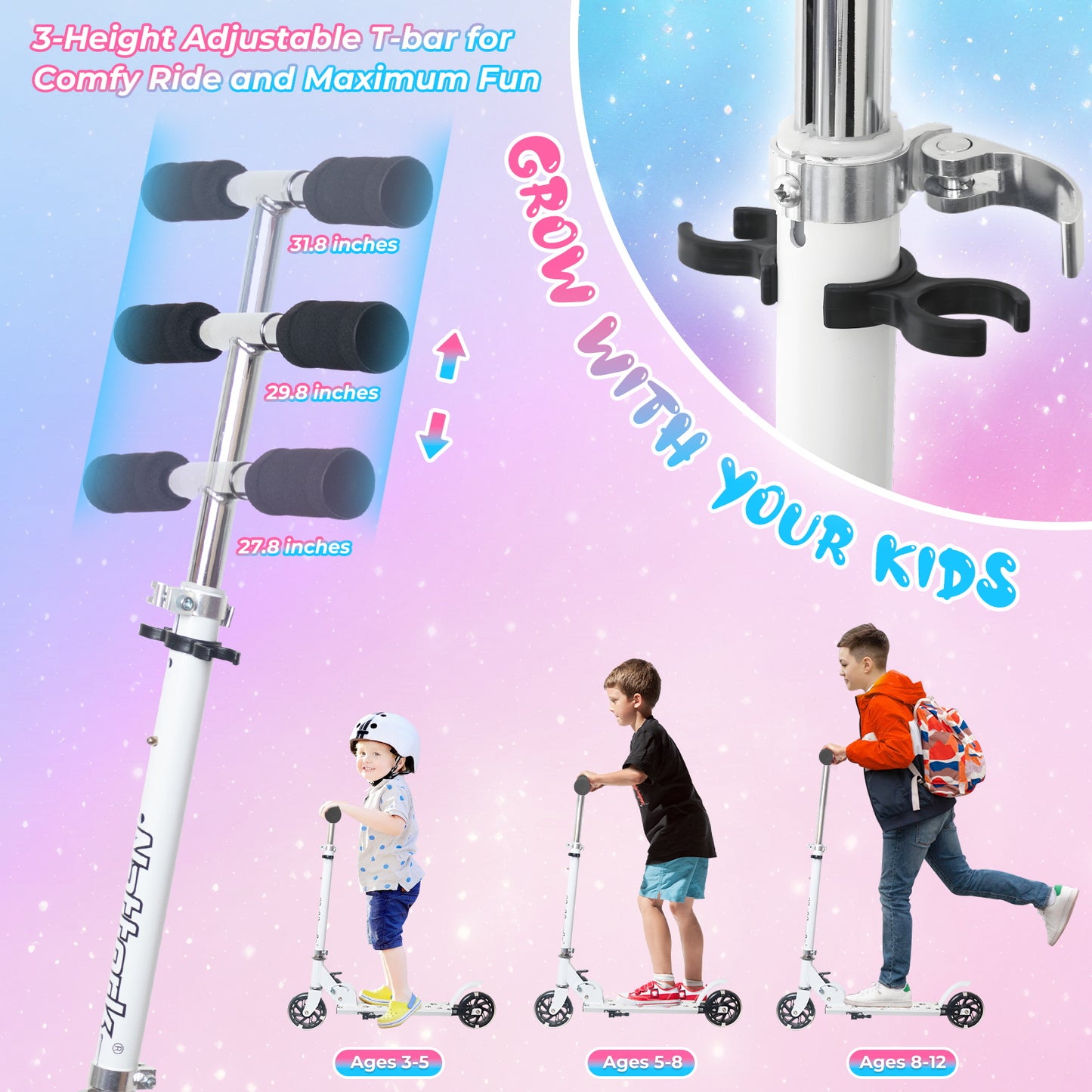 Patinete plegable para niños Nattork con luces, de 3 años en adelante, color blanco cachorro